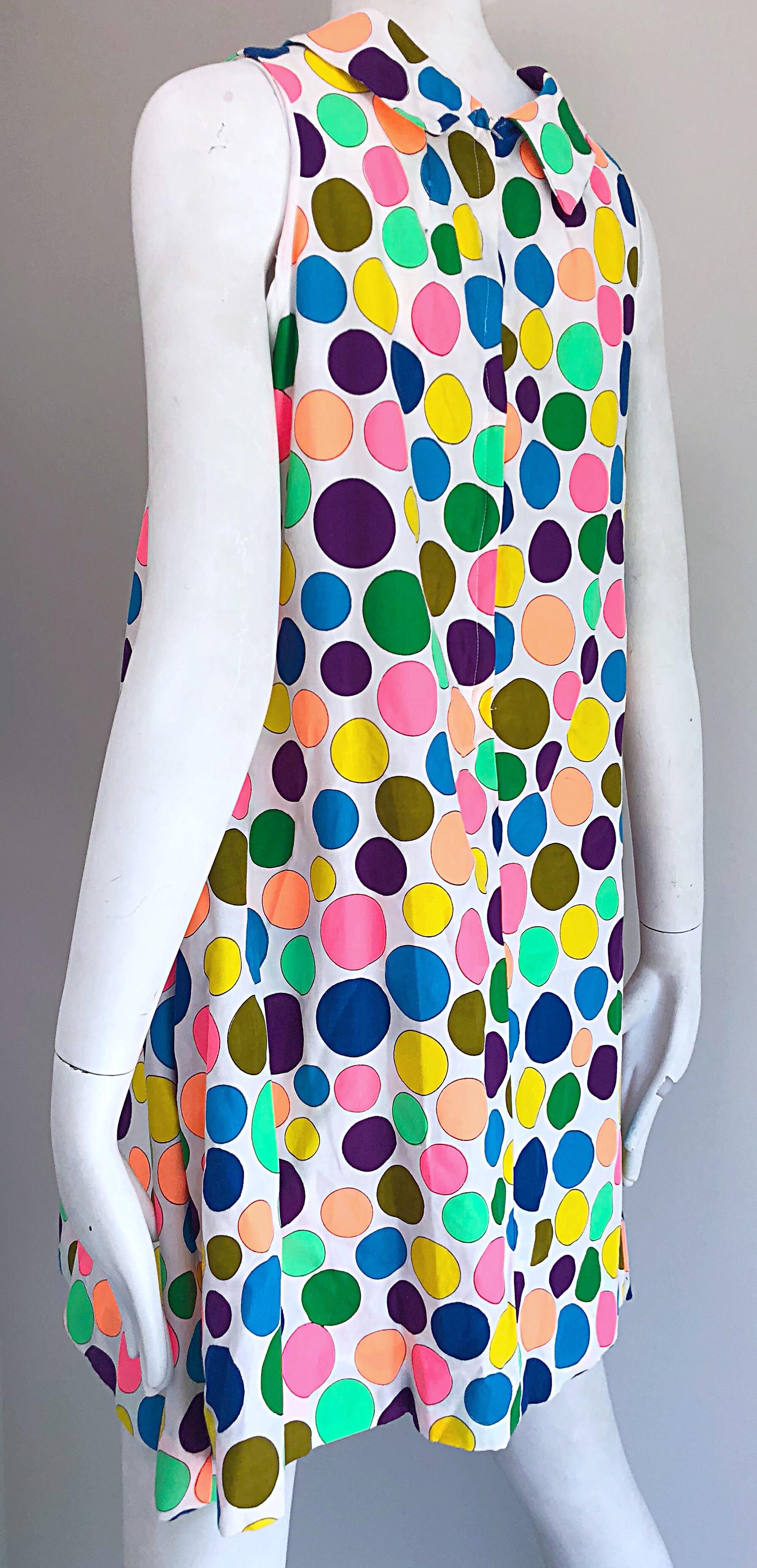 1960s Colorful Polka Dot Vintage 60s Cotton Trapeze A - Line Mod Dress In Excellent Condition For Sale In San Diego, CA