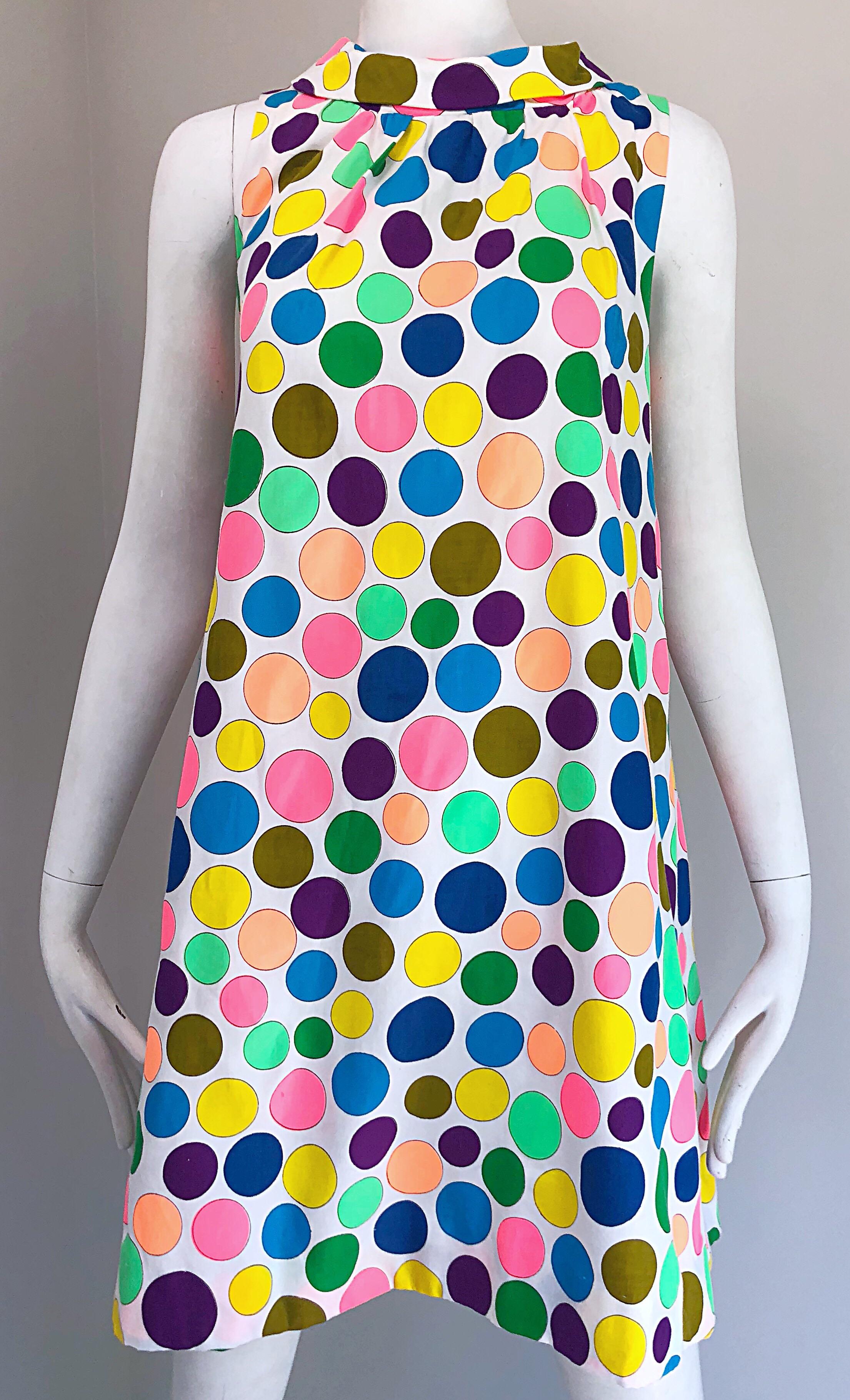 Women's 1960s Colorful Polka Dot Vintage 60s Cotton Trapeze A - Line Mod Dress For Sale