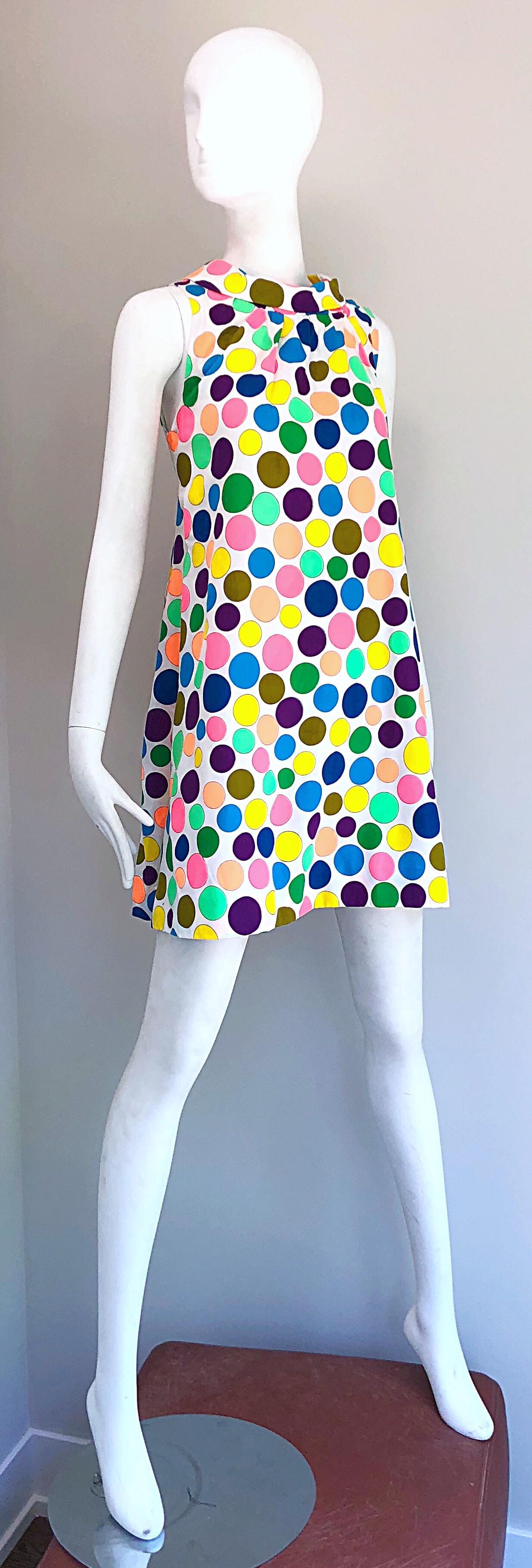 1960s Colorful Polka Dot Vintage 60s Cotton Trapeze A - Line Mod Dress For Sale 1
