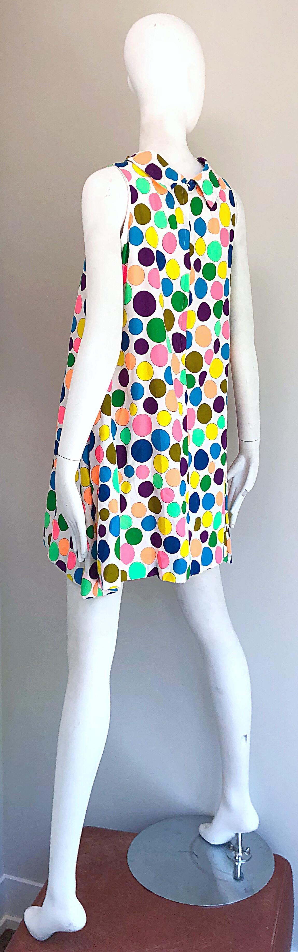 1960s Colorful Polka Dot Vintage 60s Cotton Trapeze A - Line Mod Dress For Sale 2