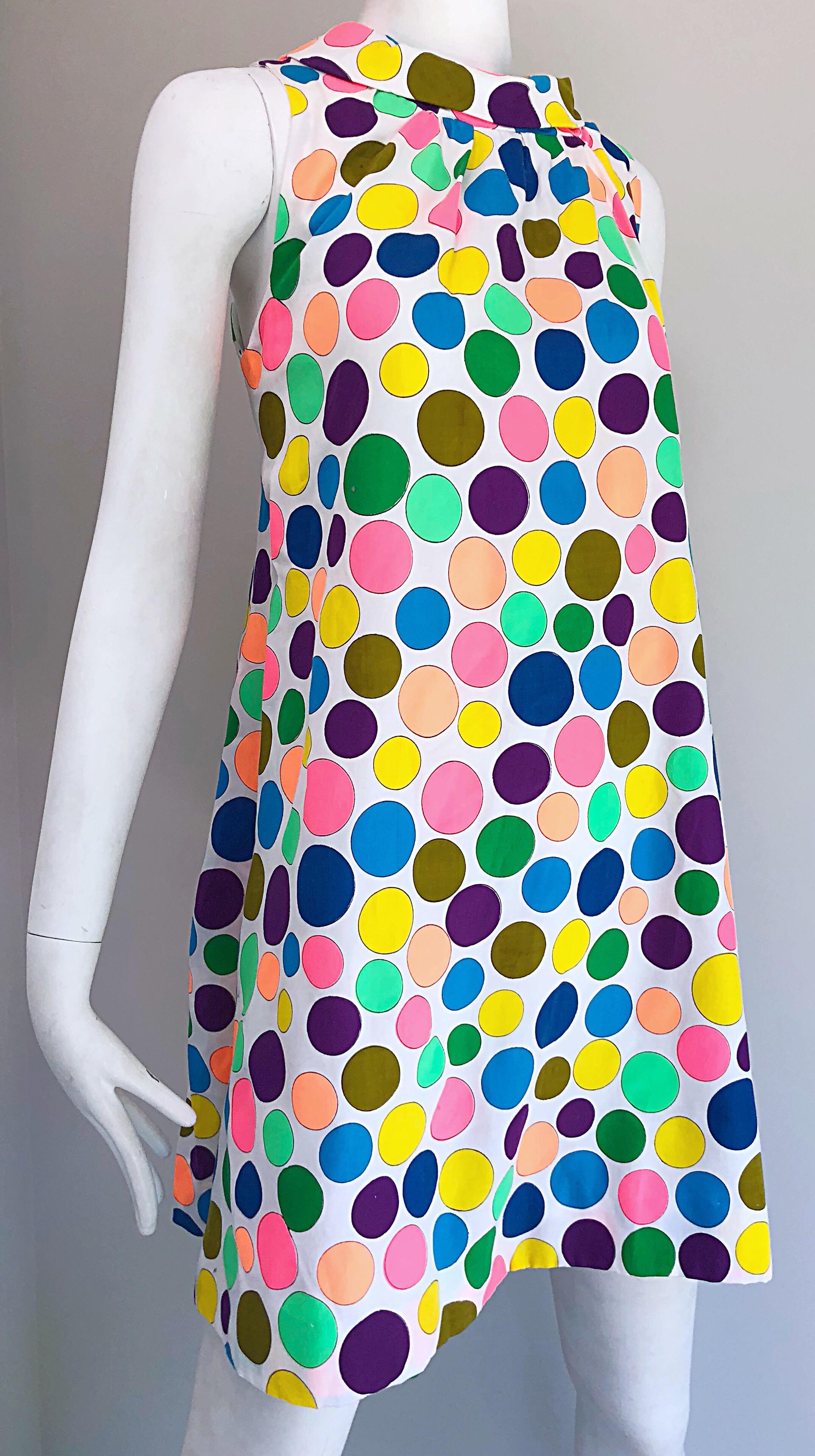 1960s Colorful Polka Dot Vintage 60s Cotton Trapeze A - Line Mod Dress For Sale 3