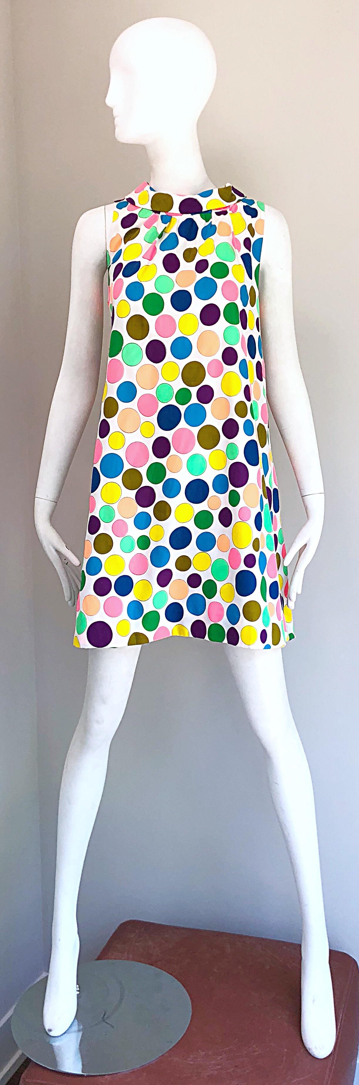 1960s Colorful Polka Dot Vintage 60s Cotton Trapeze A - Line Mod Dress For Sale 4