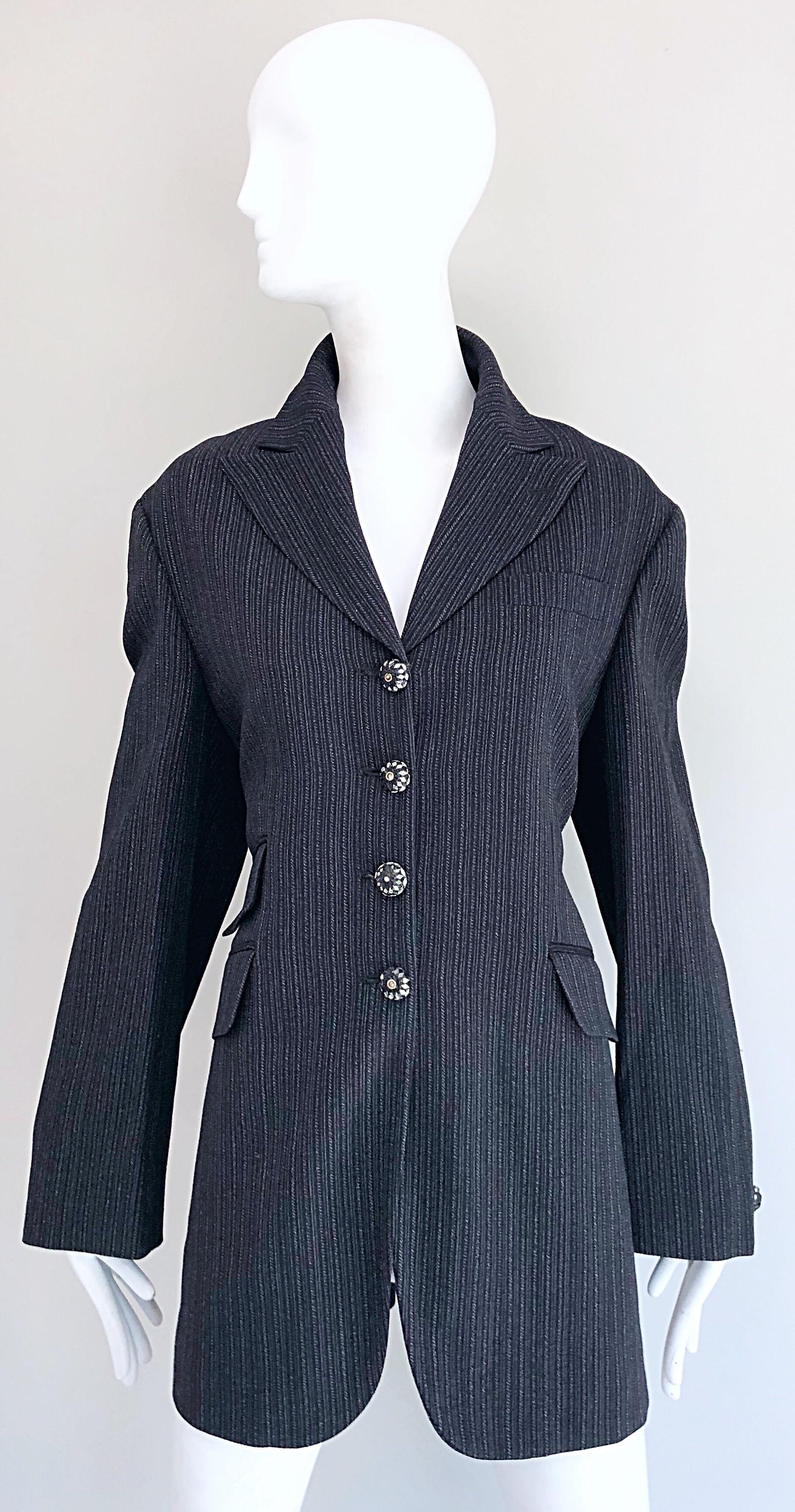 Stylish vintage early 90s ROMEO GIGLI gray and black pinstriped minimalist le smoking blazer jacket! Impeccably tailored, and a fantastic fit! Features Avant Garde rhinestone encrusted buttons up the front and at each sleeve cuff. Chic oversized