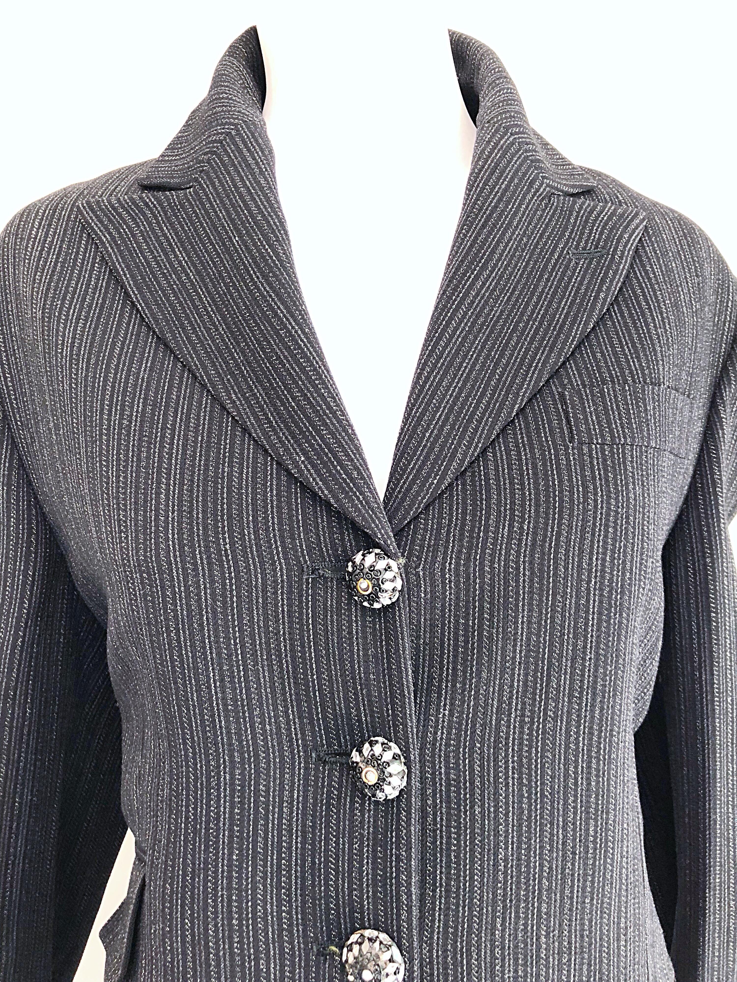 Gray Vintage Romeo Gigli 1990s Size 44 Grey Black Rhinestone 90s Blazer Jacket For Sale