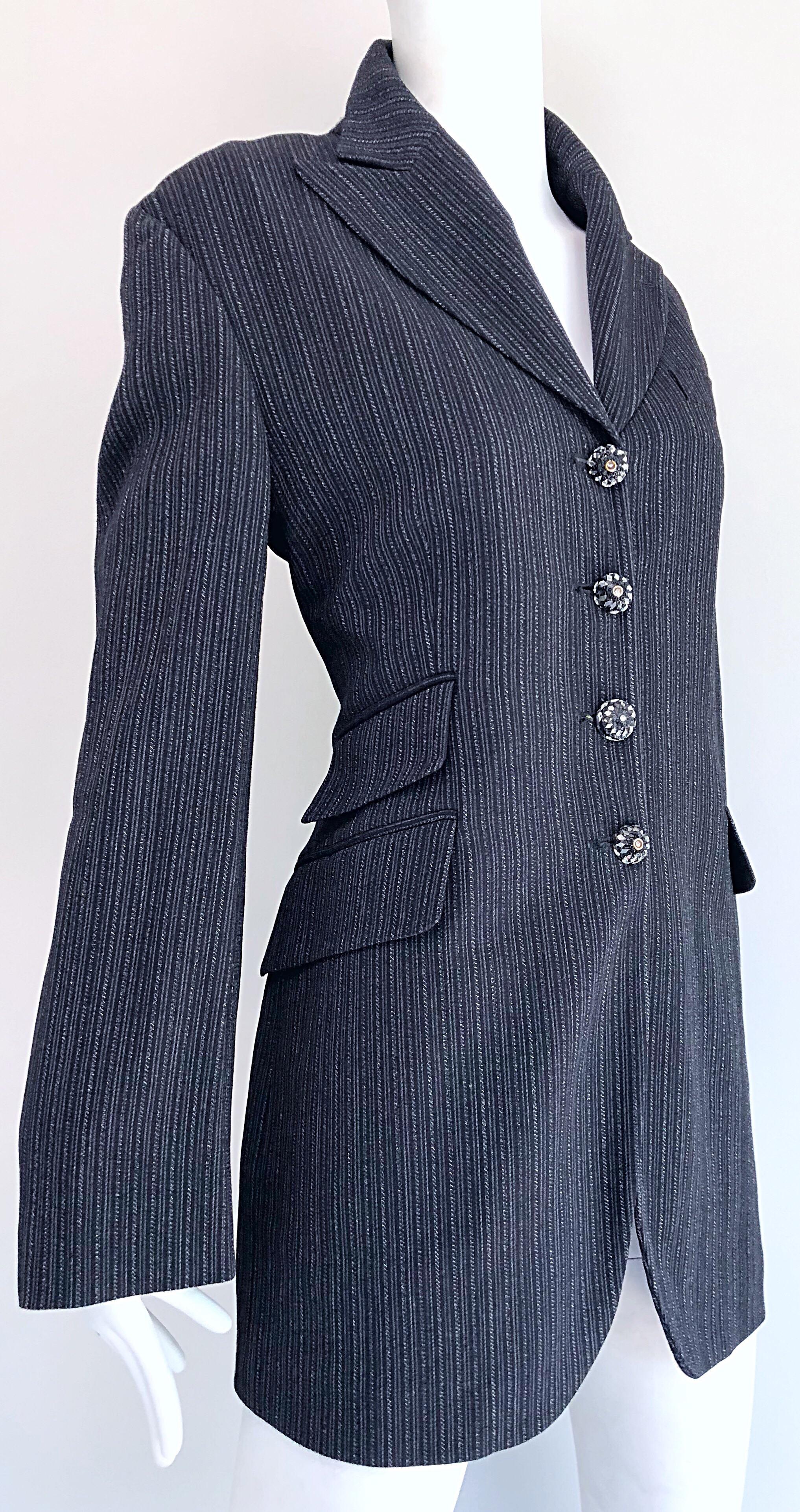 Vintage Romeo Gigli 1990s Size 44 Grey Black Rhinestone 90s Blazer Jacket For Sale 1