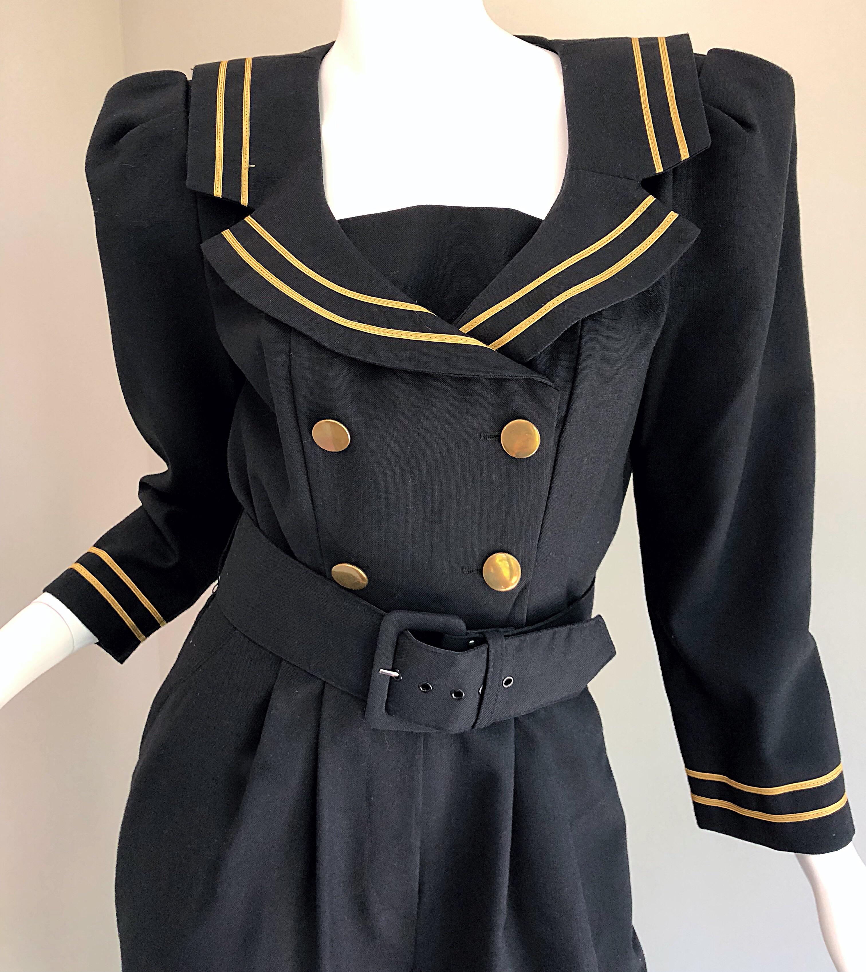 Incredible Vintage Black  + Gold Belted Nautical Long Sleeve Trouser Jumpsuit In Excellent Condition In San Diego, CA