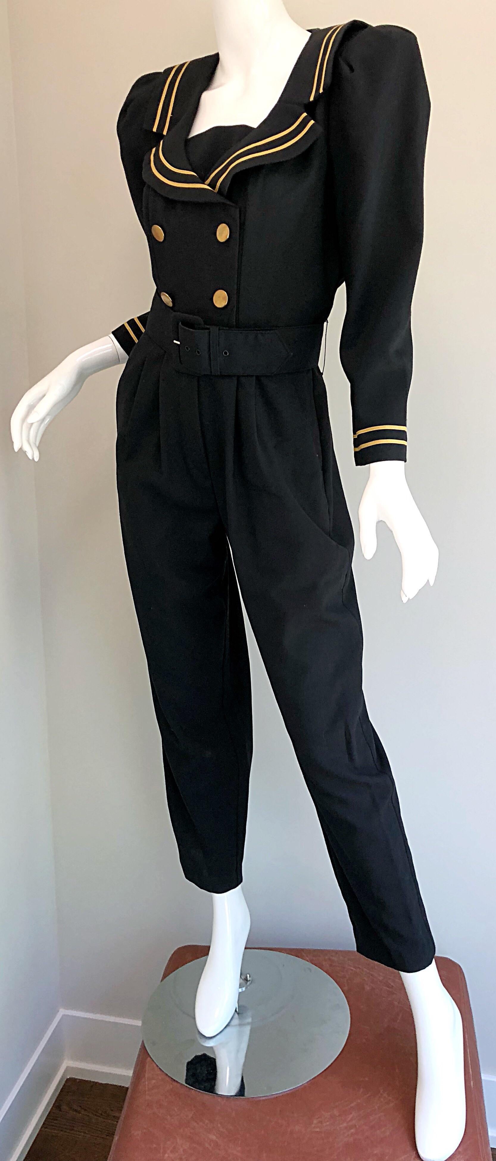 Women's Incredible Vintage Black  + Gold Belted Nautical Long Sleeve Trouser Jumpsuit