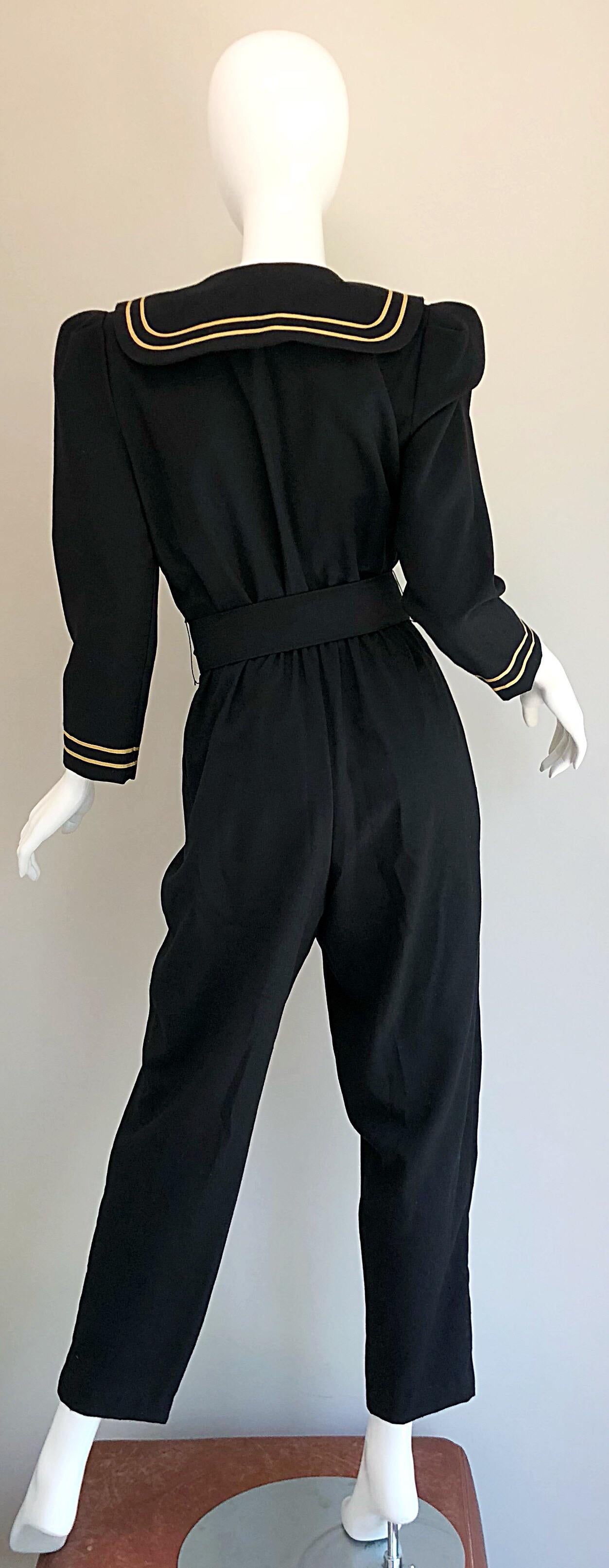 Incredible Vintage Black  + Gold Belted Nautical Long Sleeve Trouser Jumpsuit 1