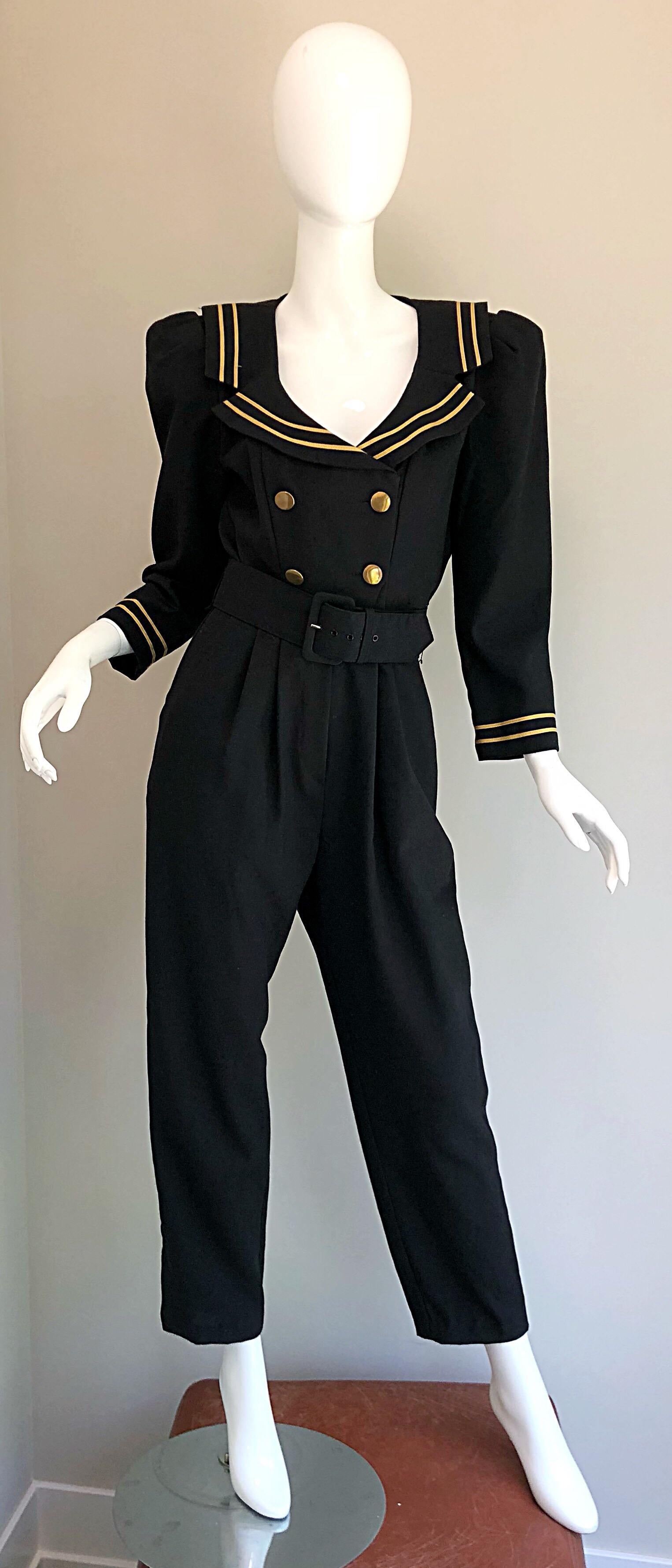 Incredible Vintage Black  + Gold Belted Nautical Long Sleeve Trouser Jumpsuit 2