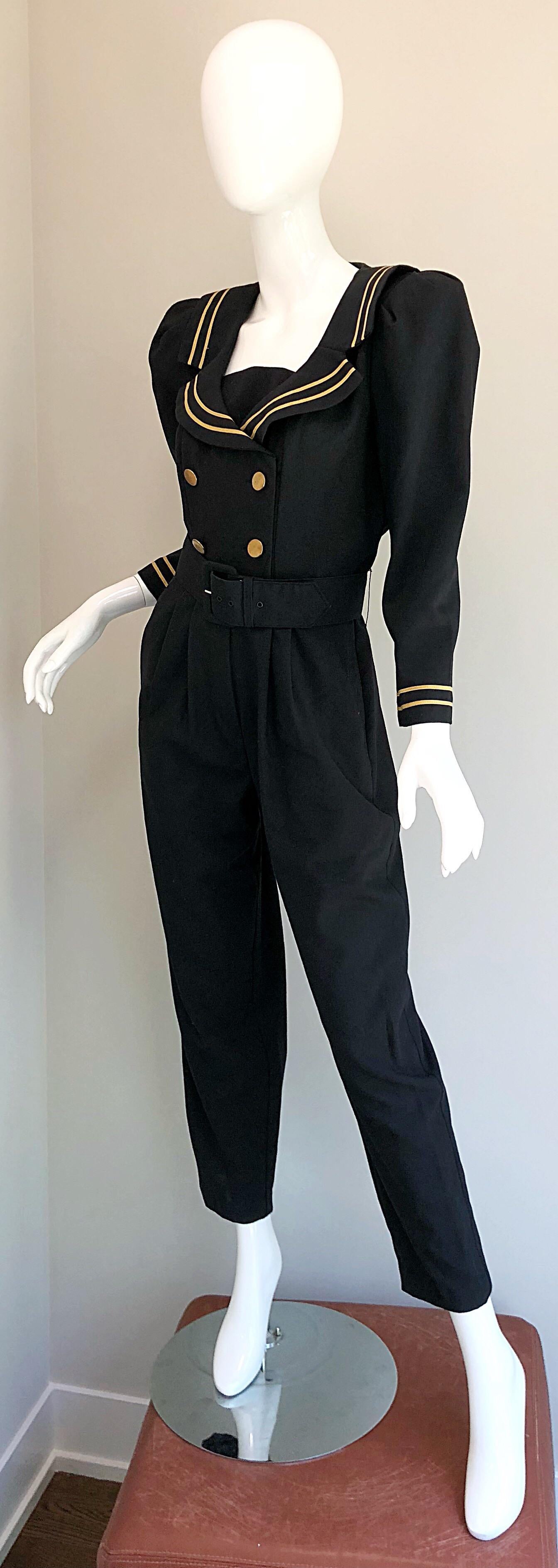 Incredible Vintage Black  + Gold Belted Nautical Long Sleeve Trouser Jumpsuit 3