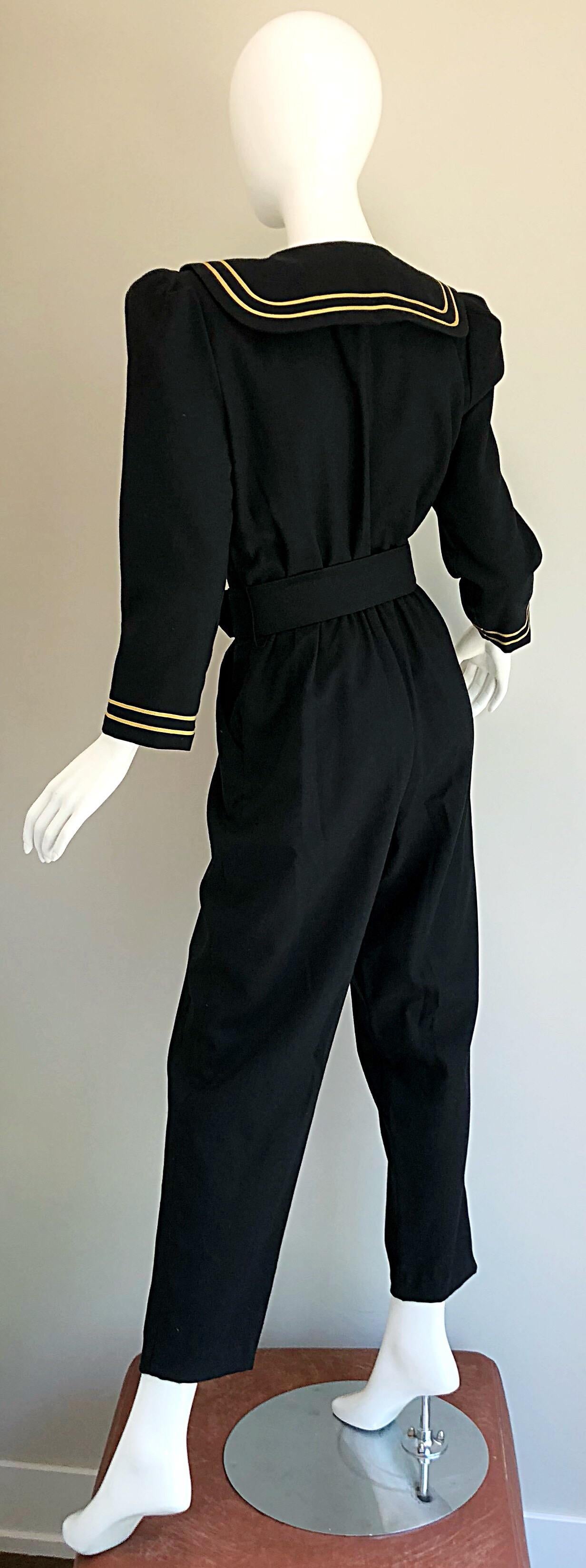 Incredible Vintage Black  + Gold Belted Nautical Long Sleeve Trouser Jumpsuit 4