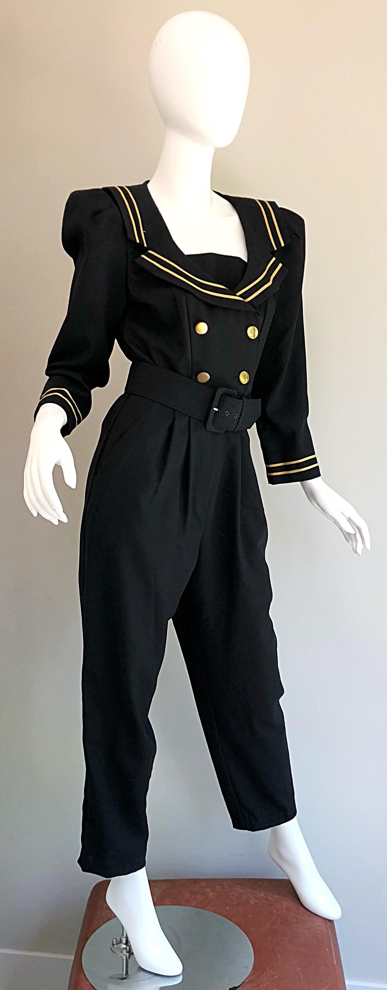 Incredible Vintage Black  + Gold Belted Nautical Long Sleeve Trouser Jumpsuit 5