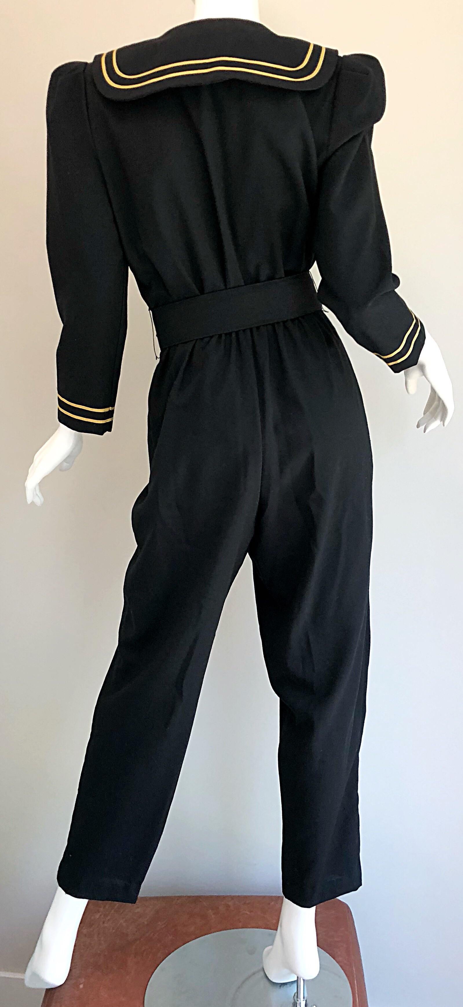 Incredible Vintage Black  + Gold Belted Nautical Long Sleeve Trouser Jumpsuit 6
