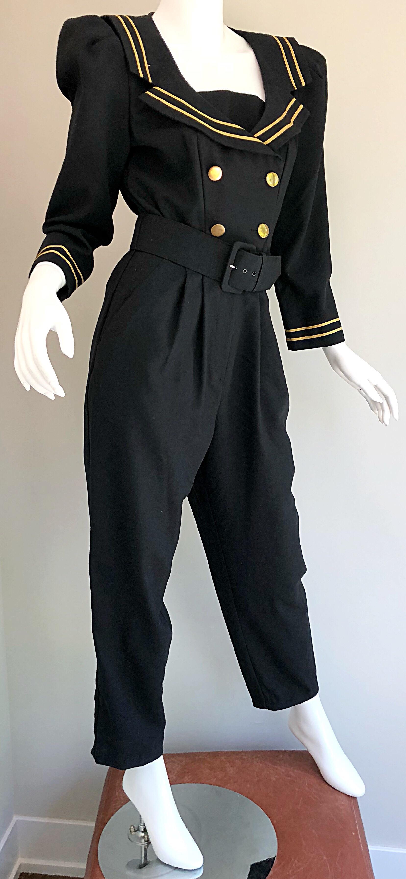 Incredible Vintage Black  + Gold Belted Nautical Long Sleeve Trouser Jumpsuit 7
