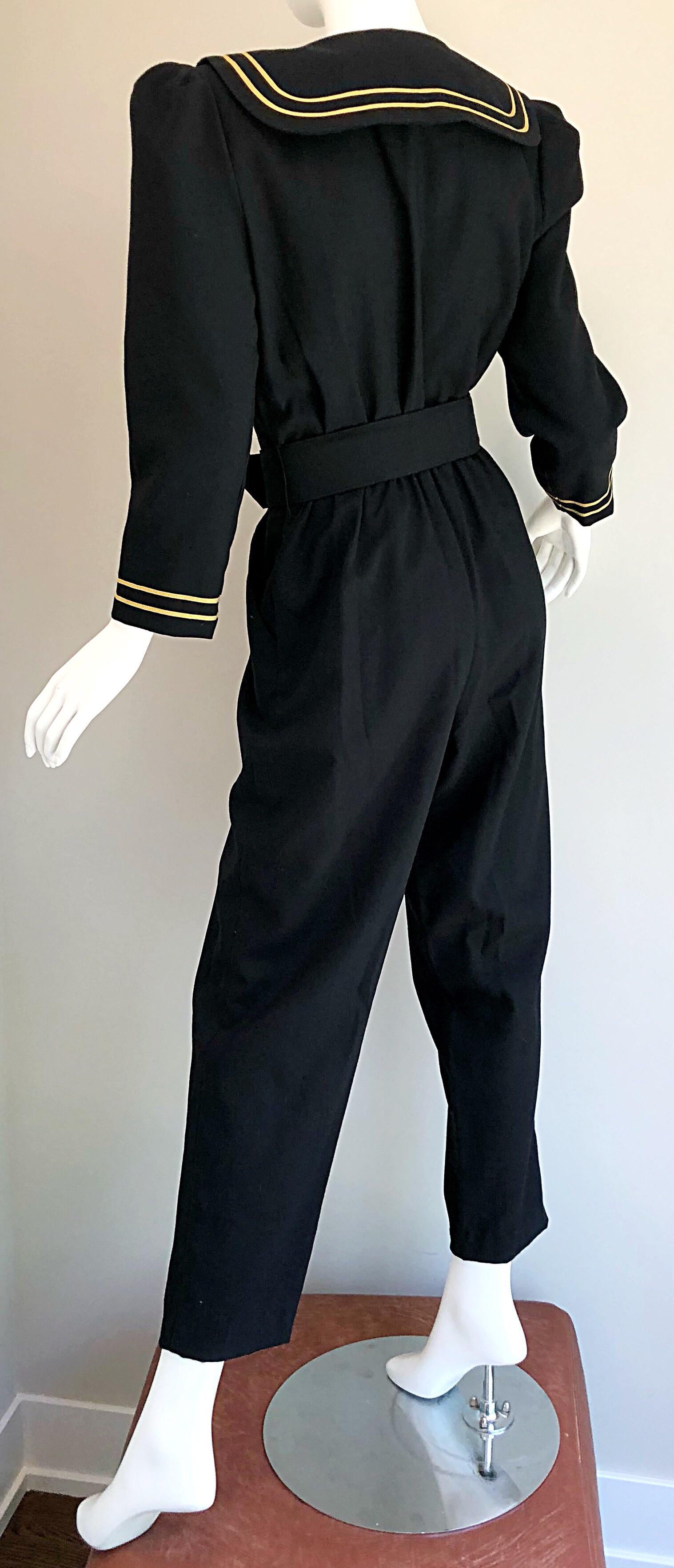 Incredible Vintage Black  + Gold Belted Nautical Long Sleeve Trouser Jumpsuit 8