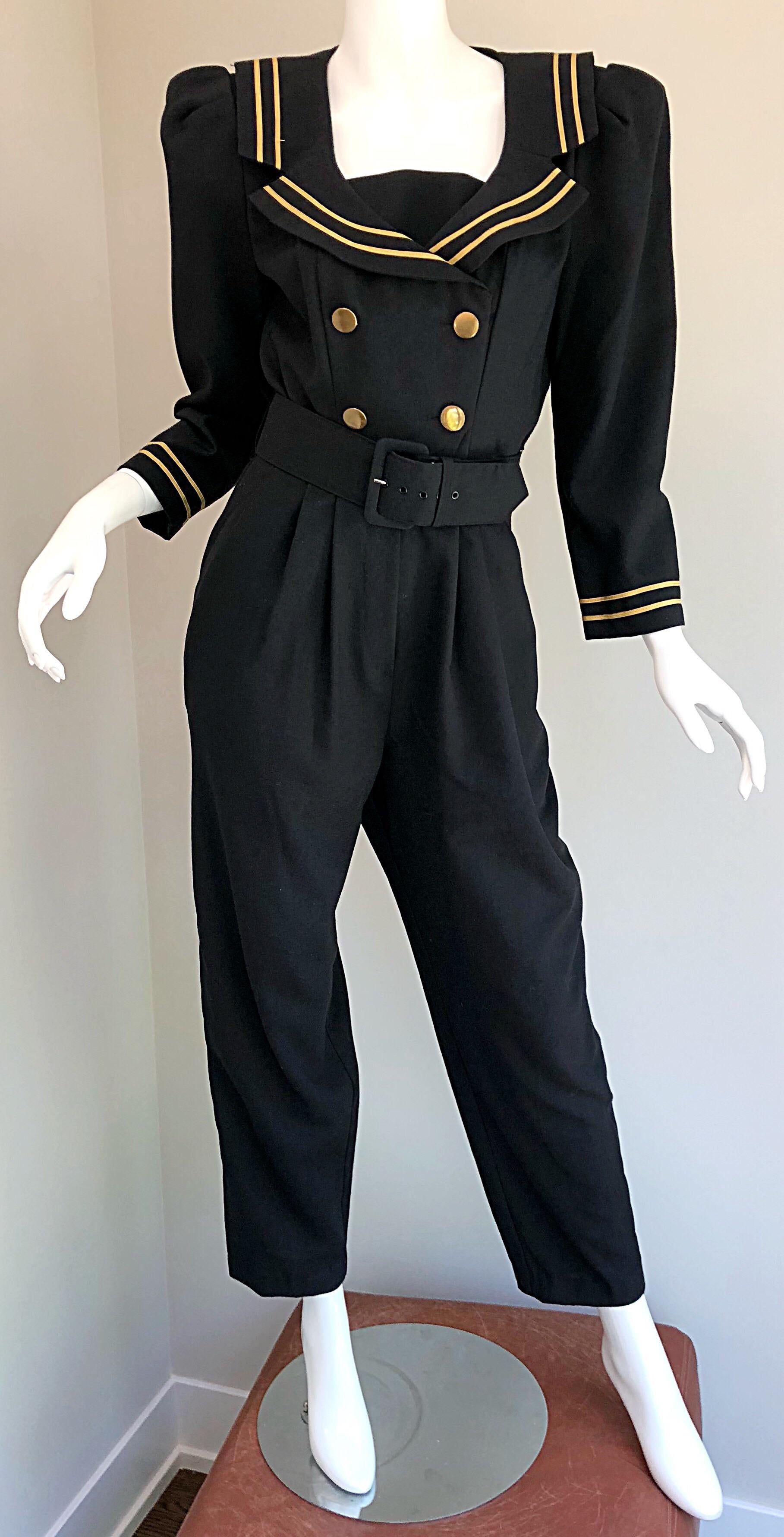 Incredible Vintage Black  + Gold Belted Nautical Long Sleeve Trouser Jumpsuit 9