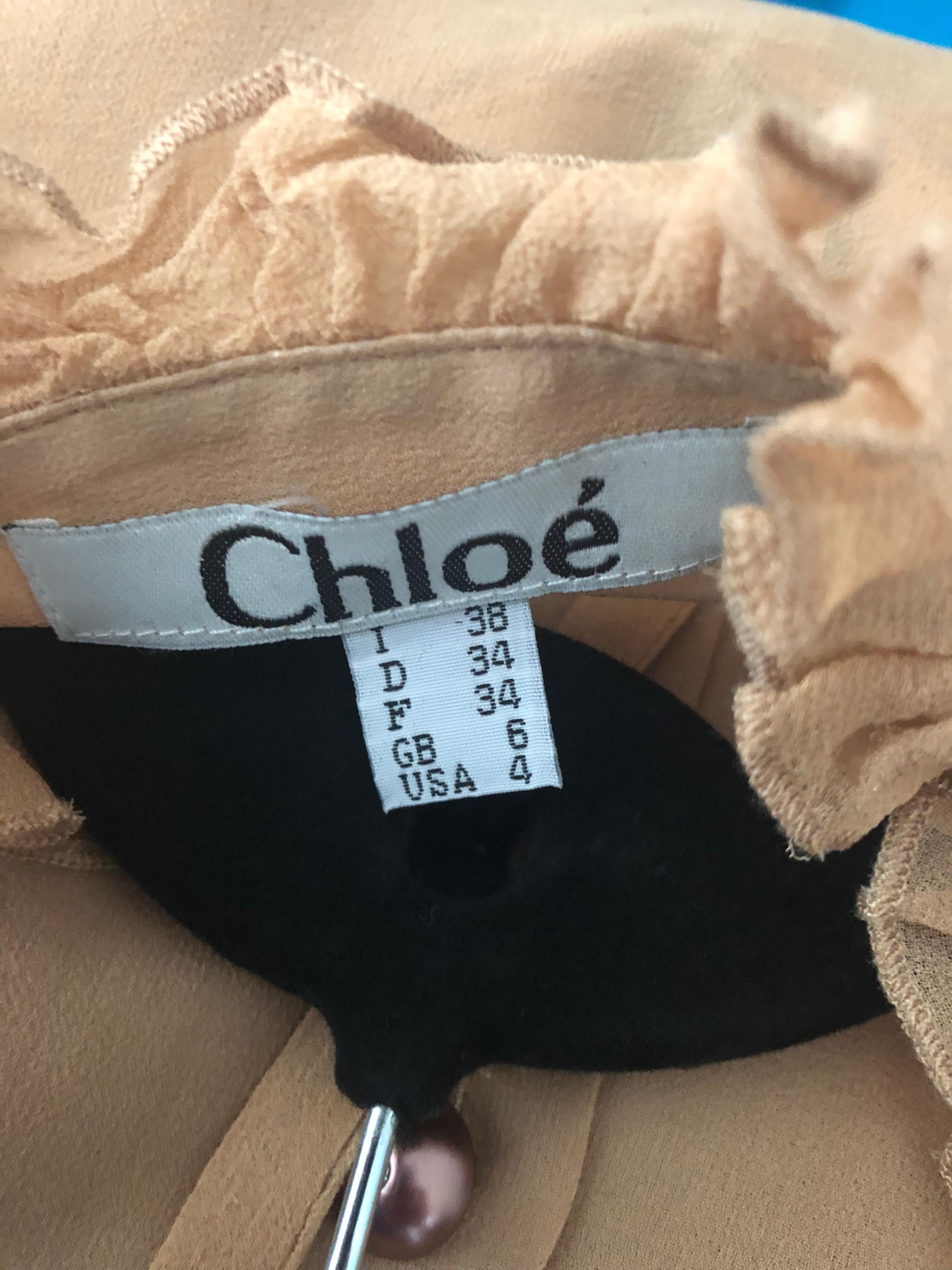 Vintage Chloe 1990s Victorian Silk Nude Chiffon Size 4 Sheer 90s Tuxedo Blouse 7