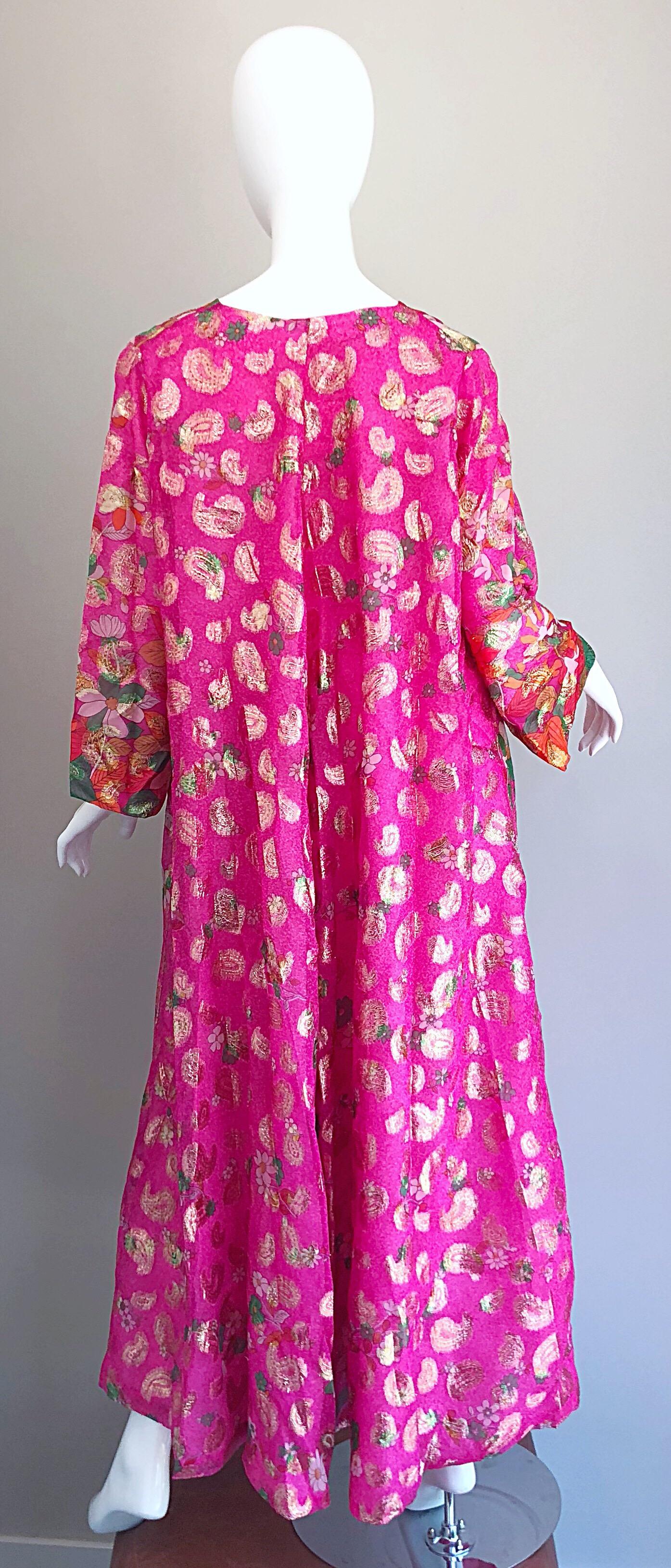 Women's Incredible 1970s Saks 5th Avenue Chiffon Pink + Gold Metallic Caftan Maxi Dress