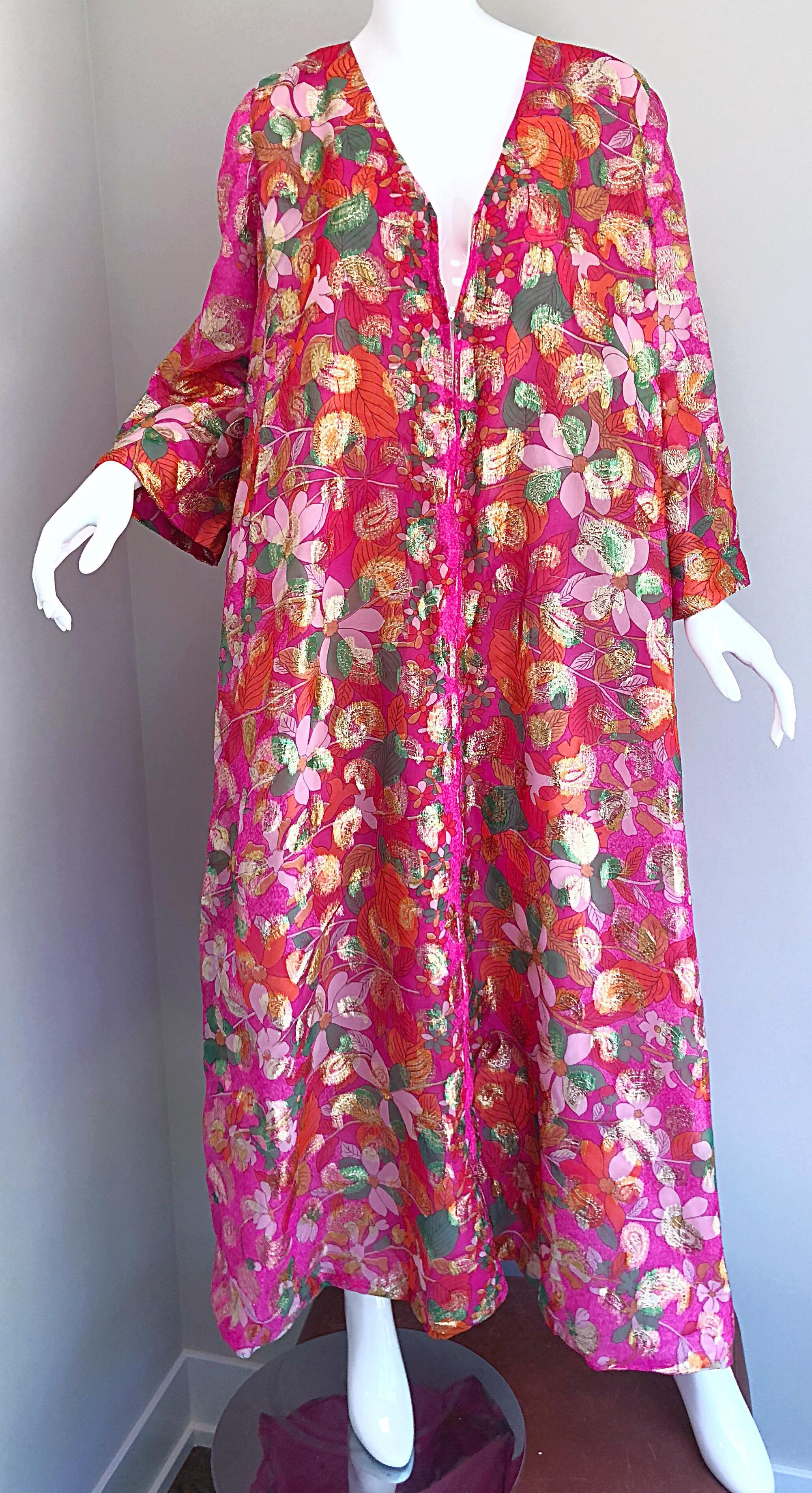 Incredible 1970s Saks 5th Avenue Chiffon Pink + Gold Metallic Caftan Maxi Dress 1