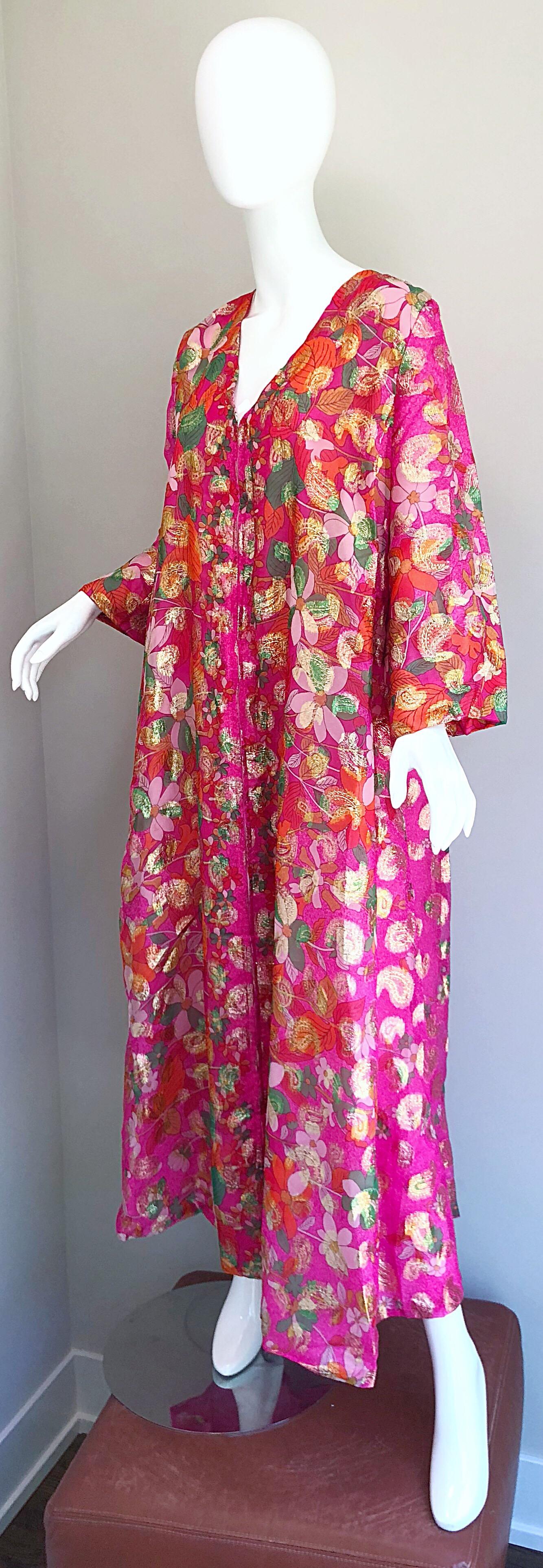 Incredible 1970s Saks 5th Avenue Chiffon Pink + Gold Metallic Caftan Maxi Dress 2