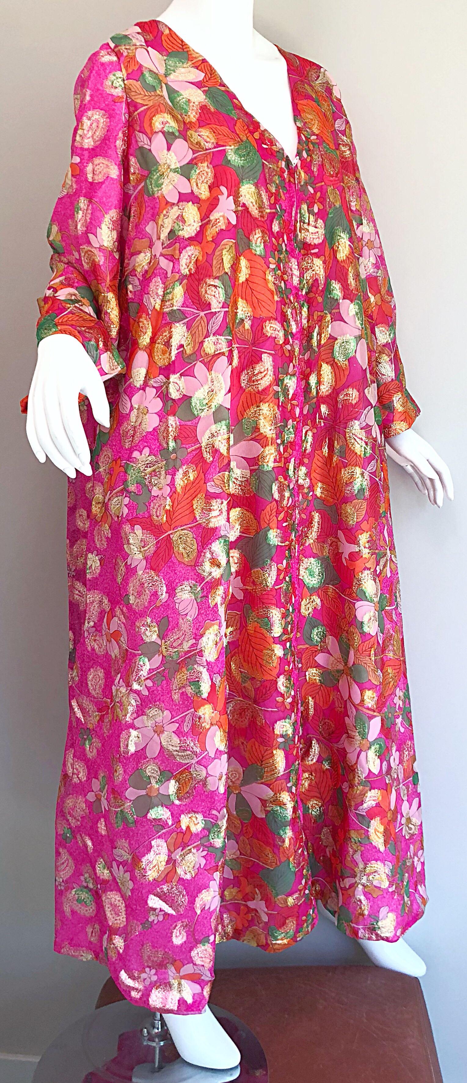 Incredible 1970s Saks 5th Avenue Chiffon Pink + Gold Metallic Caftan Maxi Dress 3