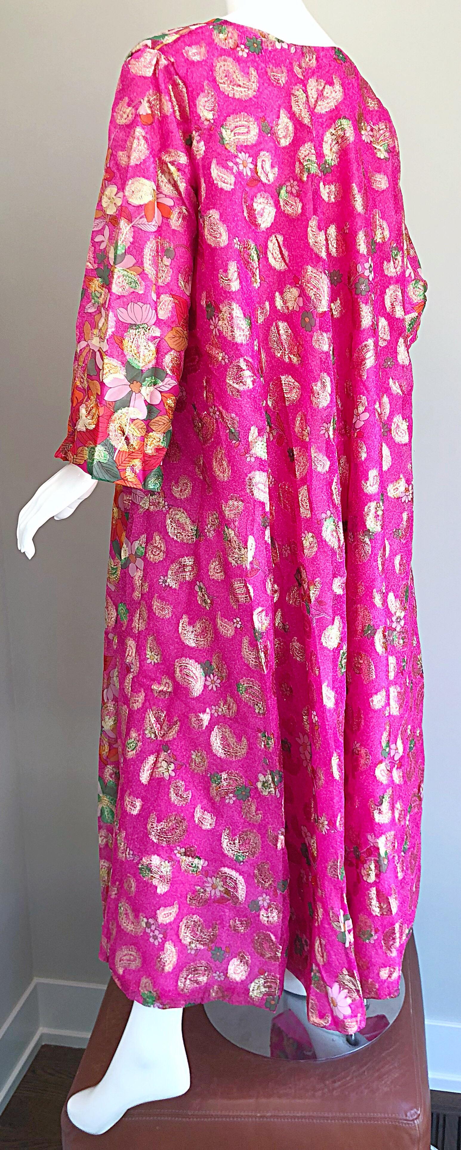 Incredible 1970s Saks 5th Avenue Chiffon Pink + Gold Metallic Caftan Maxi Dress 4