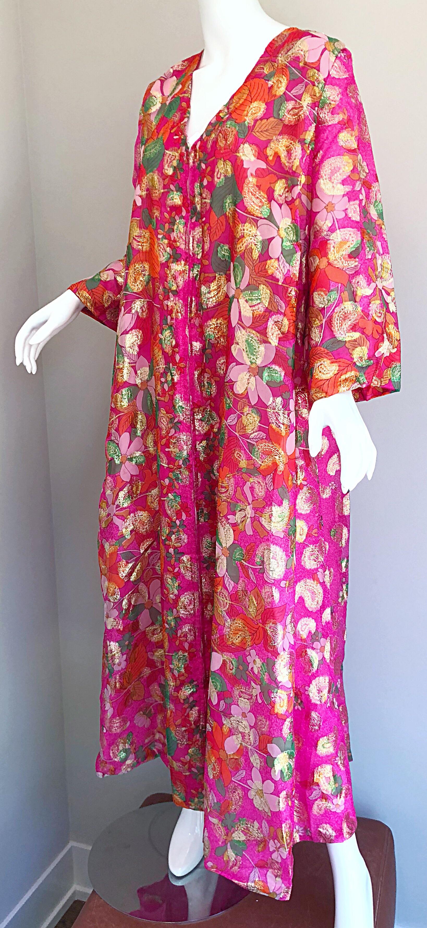 Incredible 1970s Saks 5th Avenue Chiffon Pink + Gold Metallic Caftan Maxi Dress 5