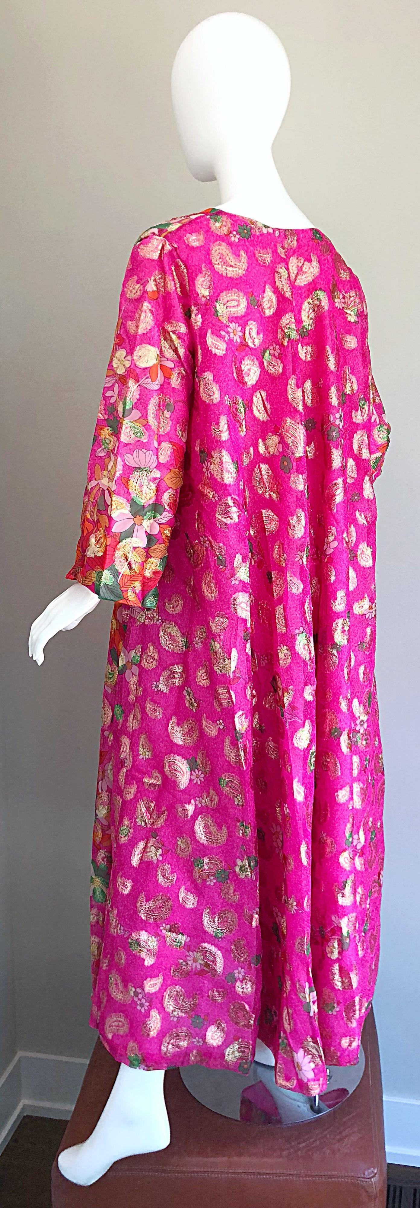 Incredible 1970s Saks 5th Avenue Chiffon Pink + Gold Metallic Caftan Maxi Dress 6