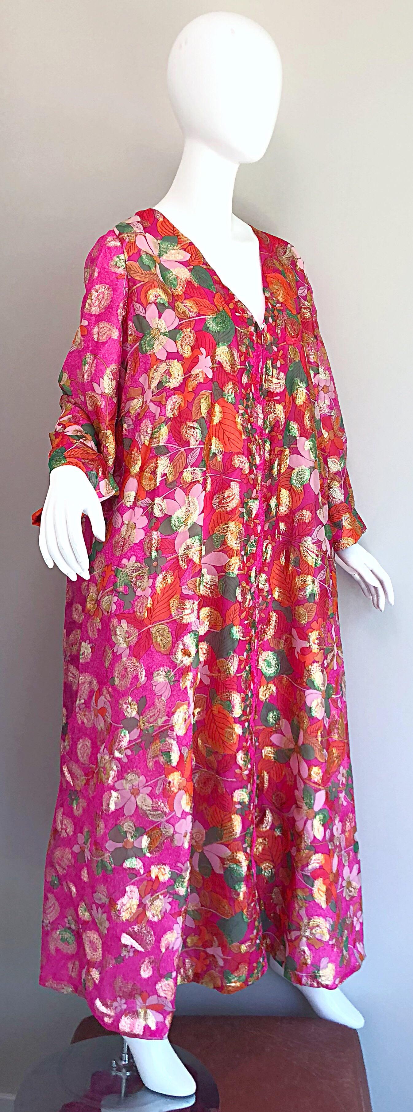 Incredible 1970s Saks 5th Avenue Chiffon Pink + Gold Metallic Caftan Maxi Dress 7