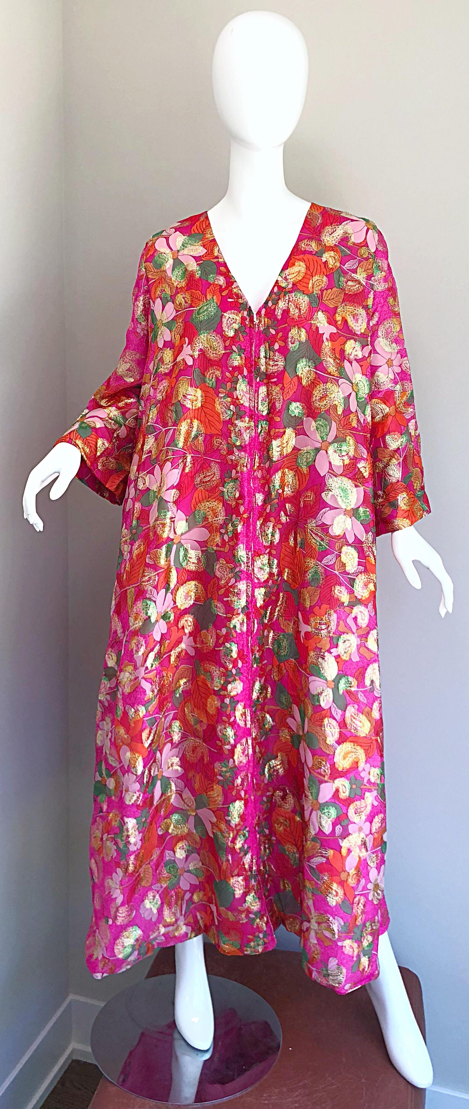 Incredible 1970s Saks 5th Avenue Chiffon Pink + Gold Metallic Caftan Maxi Dress 8