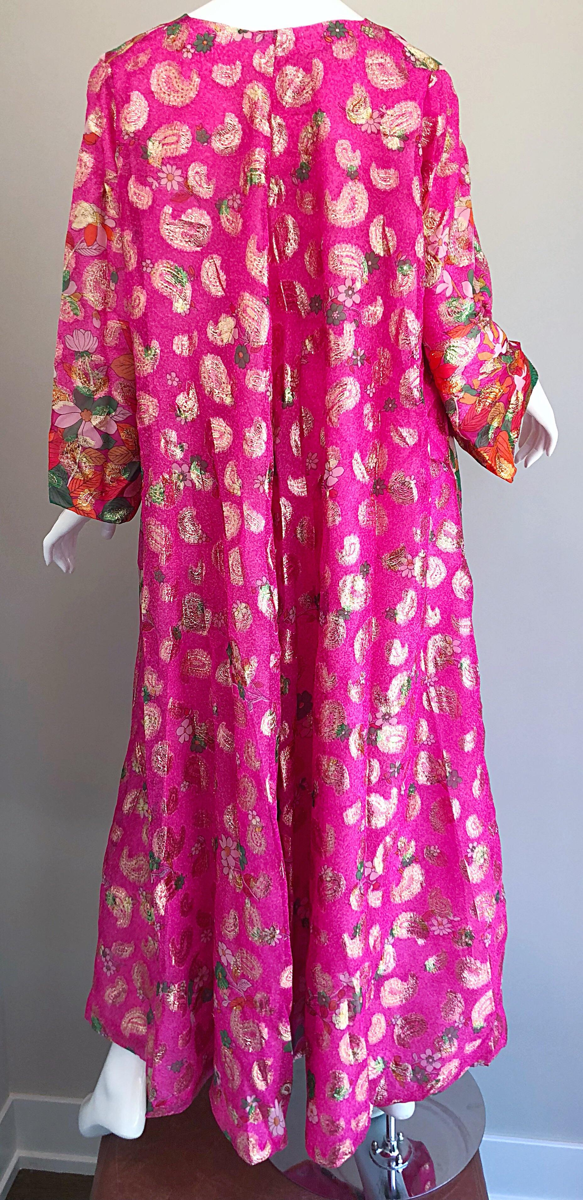 Incredible 1970s Saks 5th Avenue Chiffon Pink + Gold Metallic Caftan Maxi Dress 9