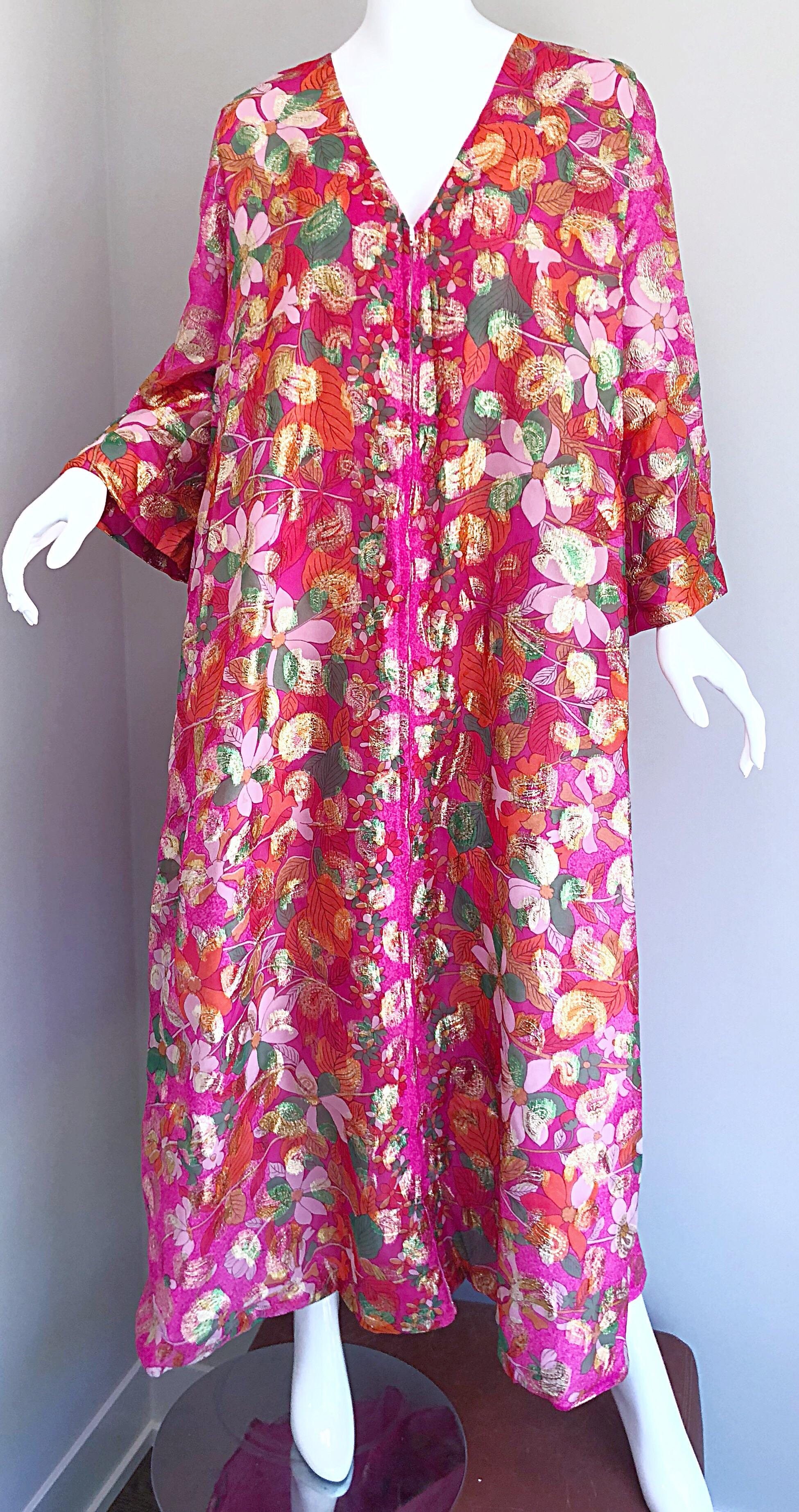 Incredible 1970s Saks 5th Avenue Chiffon Pink + Gold Metallic Caftan Maxi Dress 10