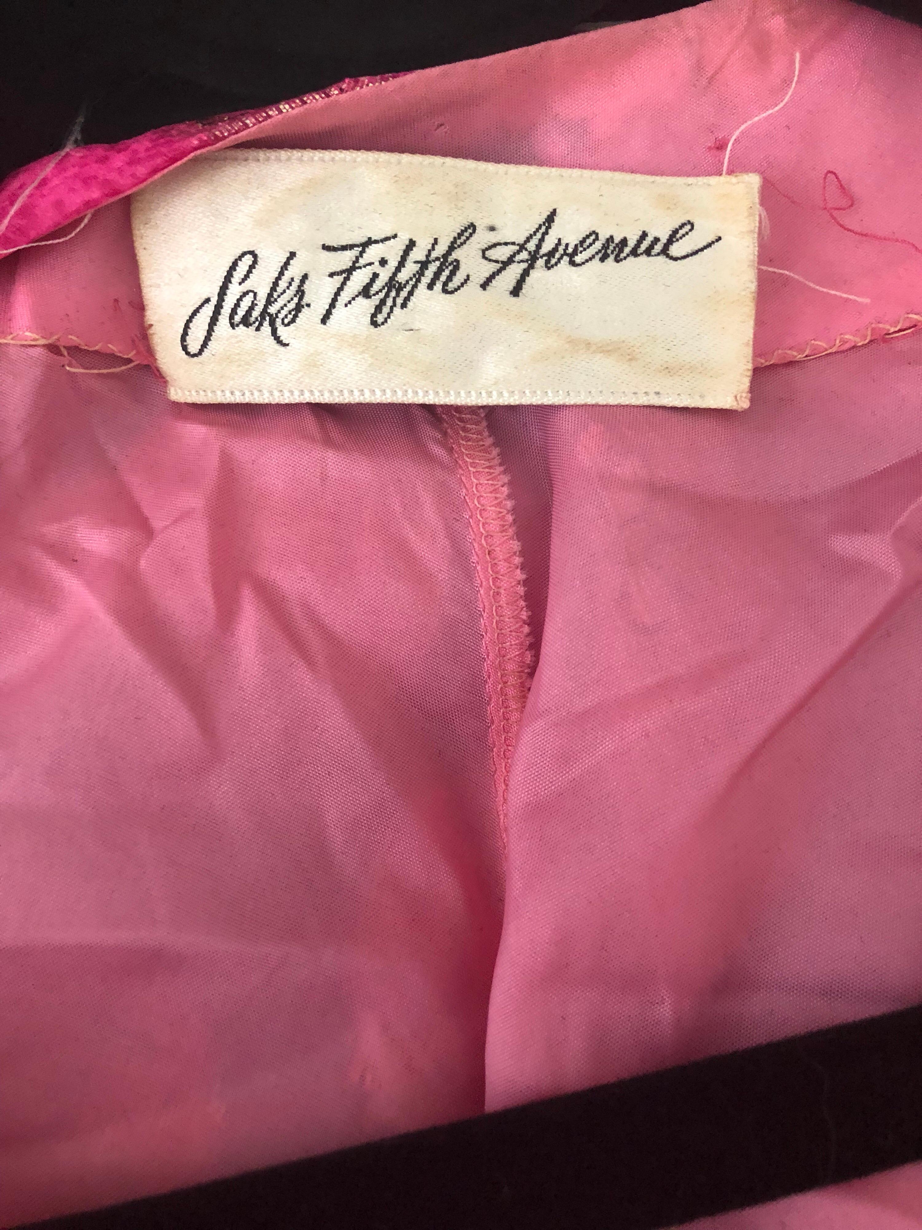Incredible 1970s Saks 5th Avenue Chiffon Pink + Gold Metallic Caftan Maxi Dress 11