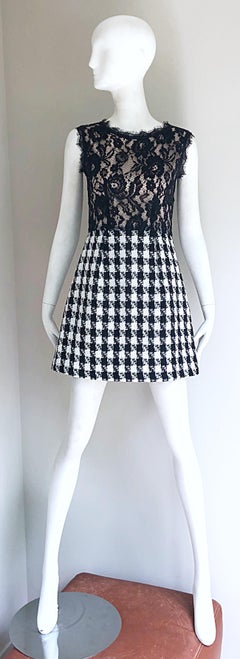 Marc Jacobs Early 2000s Black and White Lace Houndstooth Checkered Mini Dress