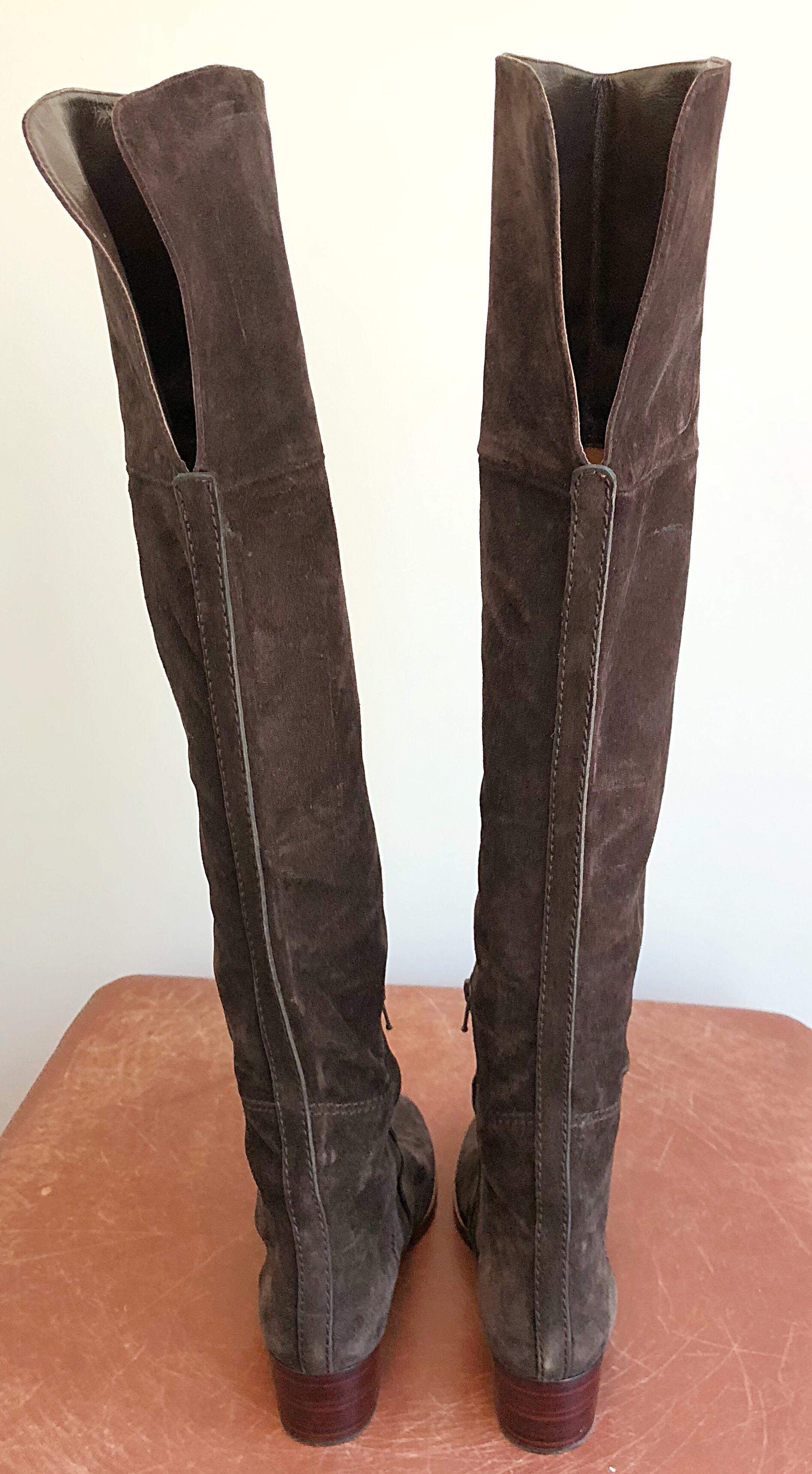 New Chloe Size 37 / 7 Brown Suede Leather Over The Knee Riding Boots For Sale 1