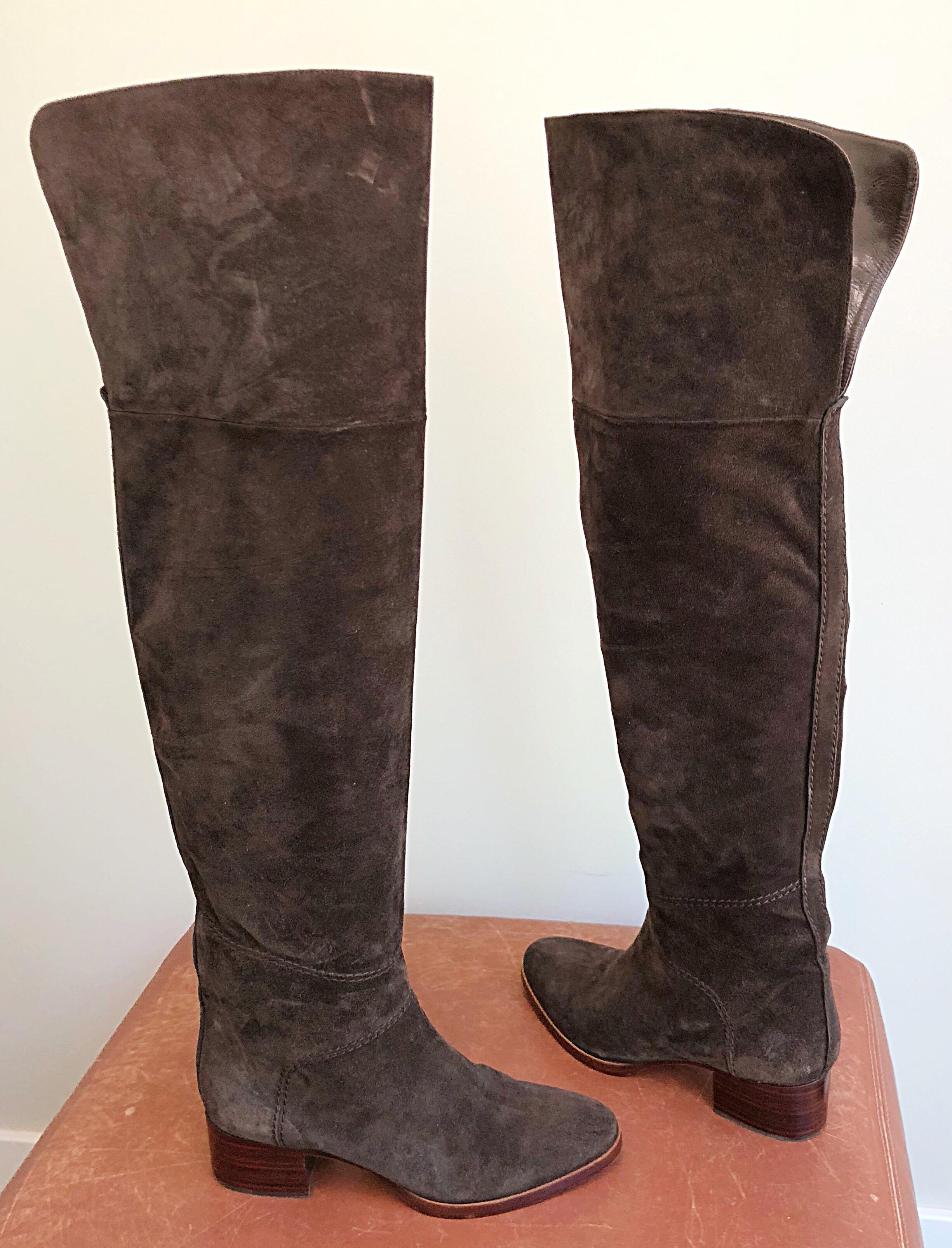 New Chloe Size 37 / 7 Brown Suede Leather Over The Knee Riding Boots For Sale 2
