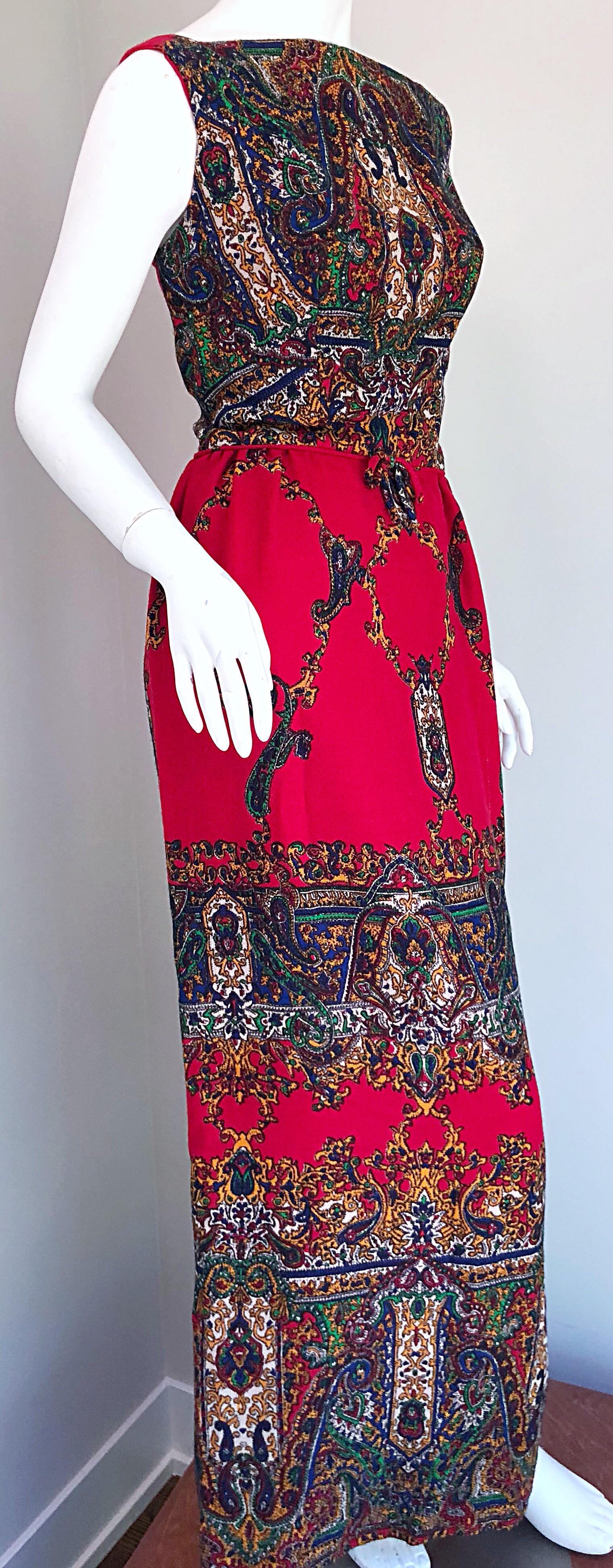 Women's Fantastic Early 1970s Boho Chic Paisley Print Vintage Red 70s Maxi Dress For Sale