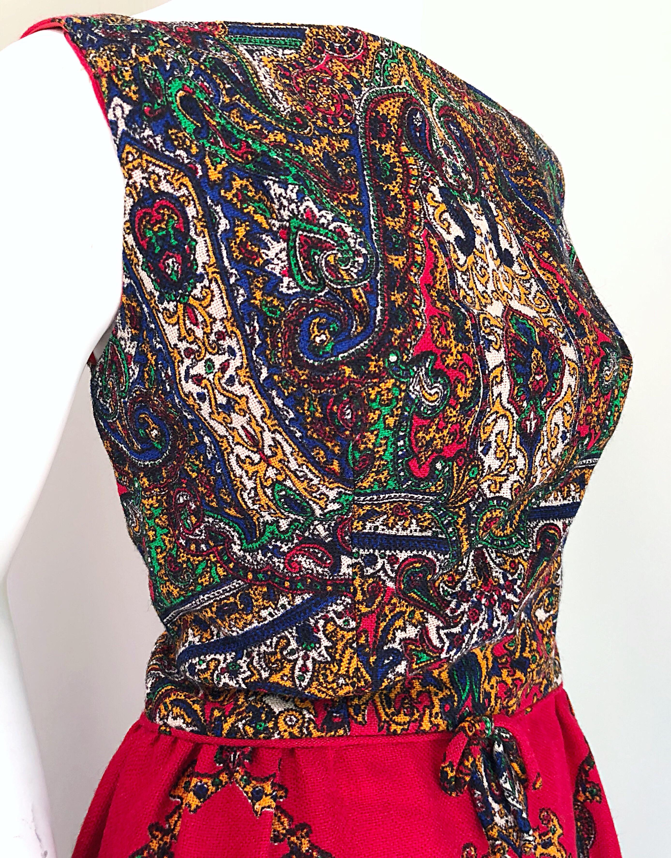 Fantastic Early 1970s Boho Chic Paisley Print Vintage Red 70s Maxi Dress For Sale 1