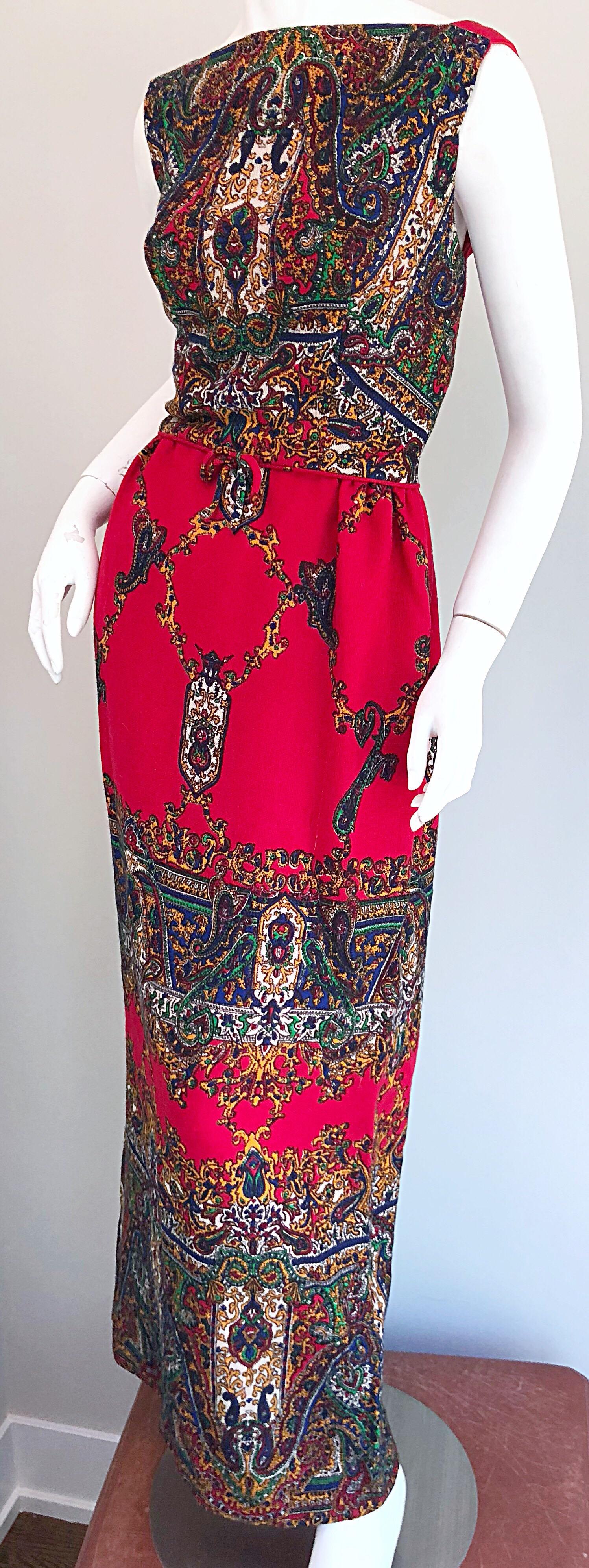 Fantastic Early 1970s Boho Chic Paisley Print Vintage Red 70s Maxi Dress For Sale 3