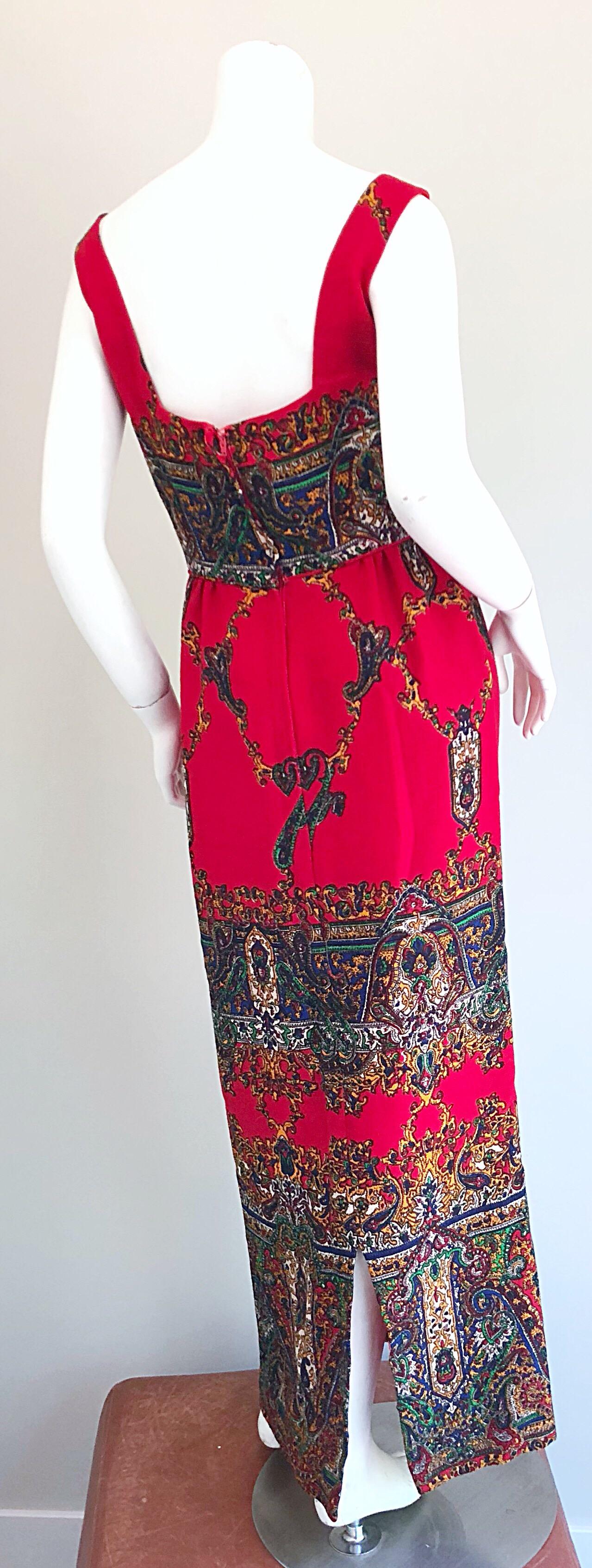 Fantastic Early 1970s Boho Chic Paisley Print Vintage Red 70s Maxi Dress For Sale 4