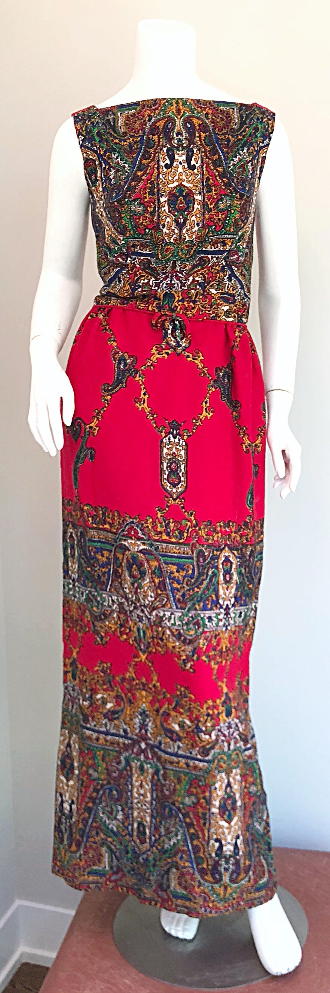 Fantastic Early 1970s Boho Chic Paisley Print Vintage Red 70s Maxi Dress For Sale 5