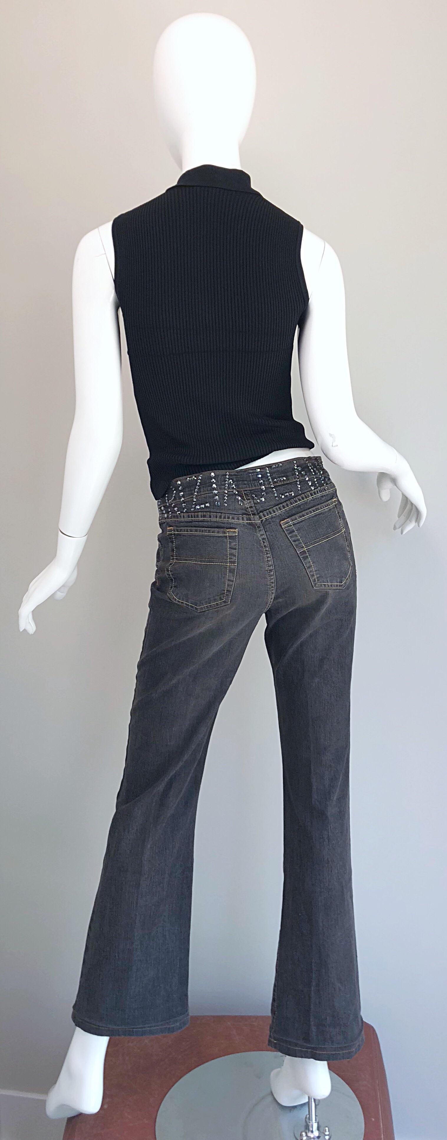 Gray Vintage Krizia 1990s Rhinestone Encrusted Low Rise 90s Grey Boot Cut Blue Jeans For Sale