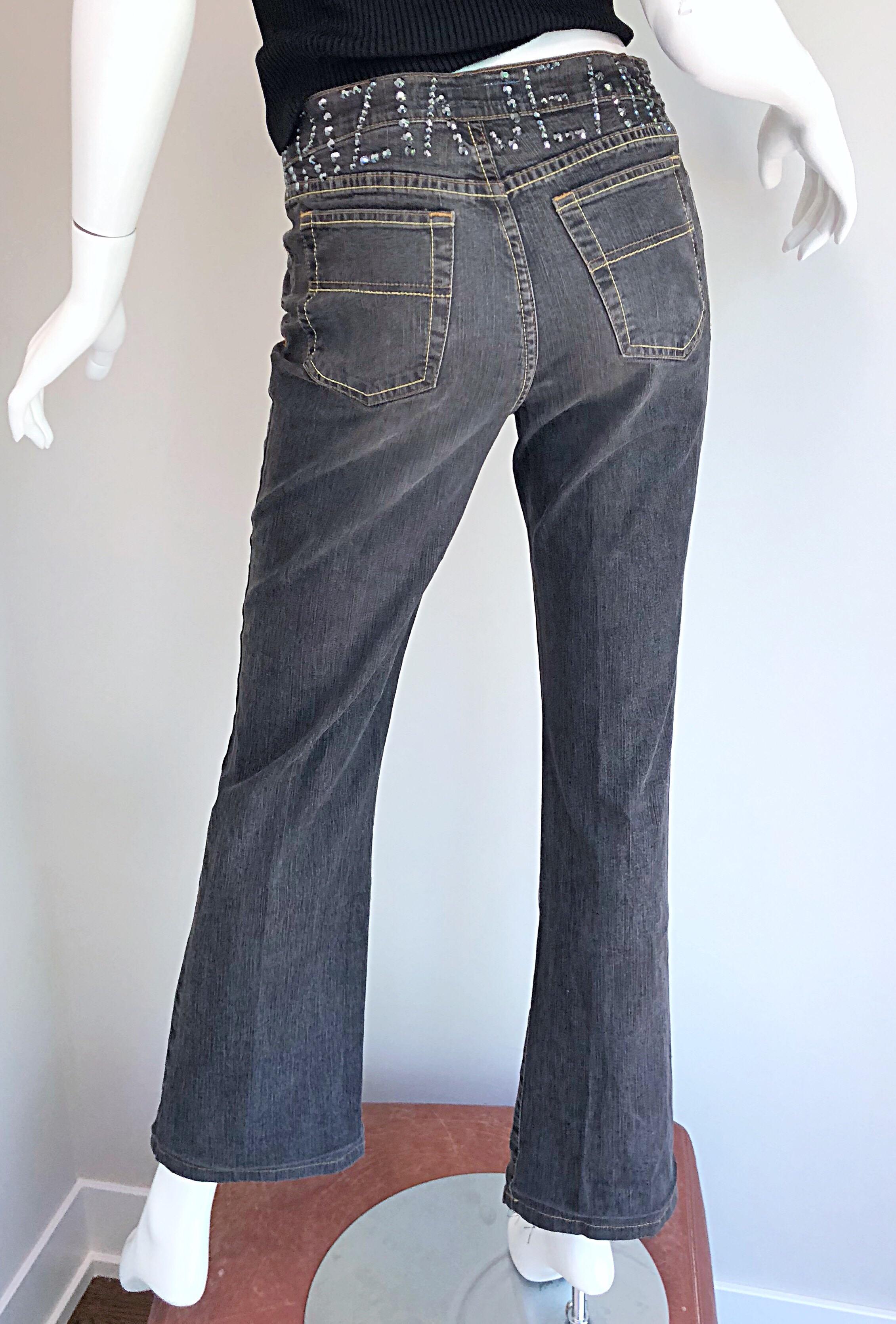 Vintage Krizia 1990s Rhinestone Encrusted Low Rise 90s Grey Boot Cut Blue Jeans In Excellent Condition For Sale In San Diego, CA
