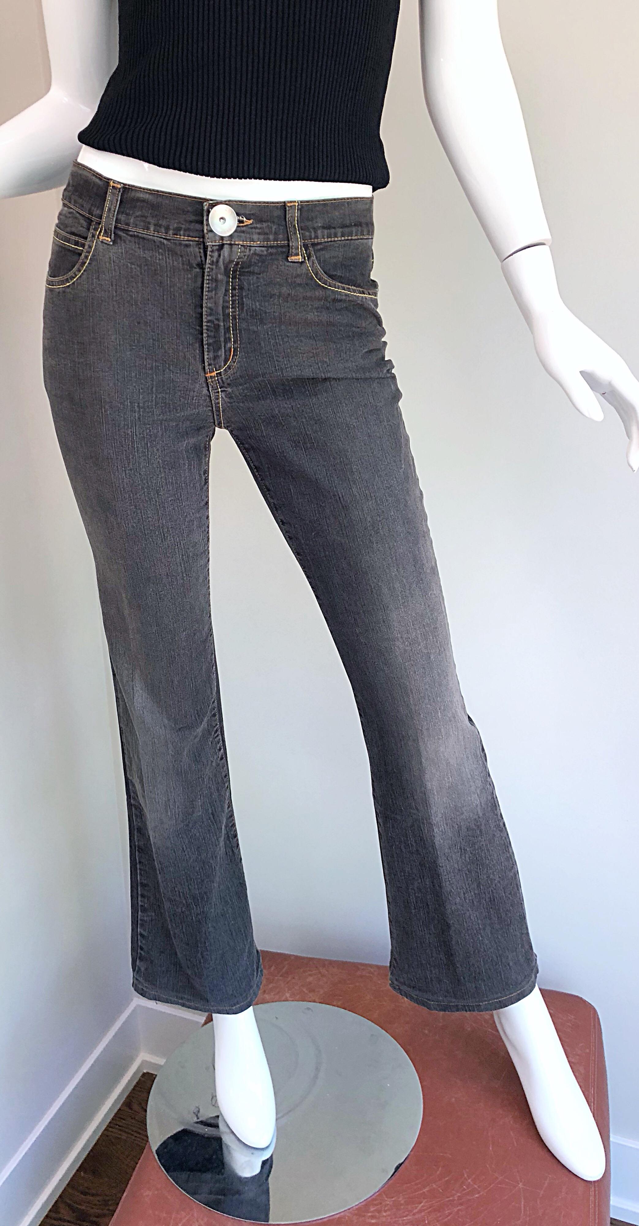 Women's or Men's Vintage Krizia 1990s Rhinestone Encrusted Low Rise 90s Grey Boot Cut Blue Jeans For Sale