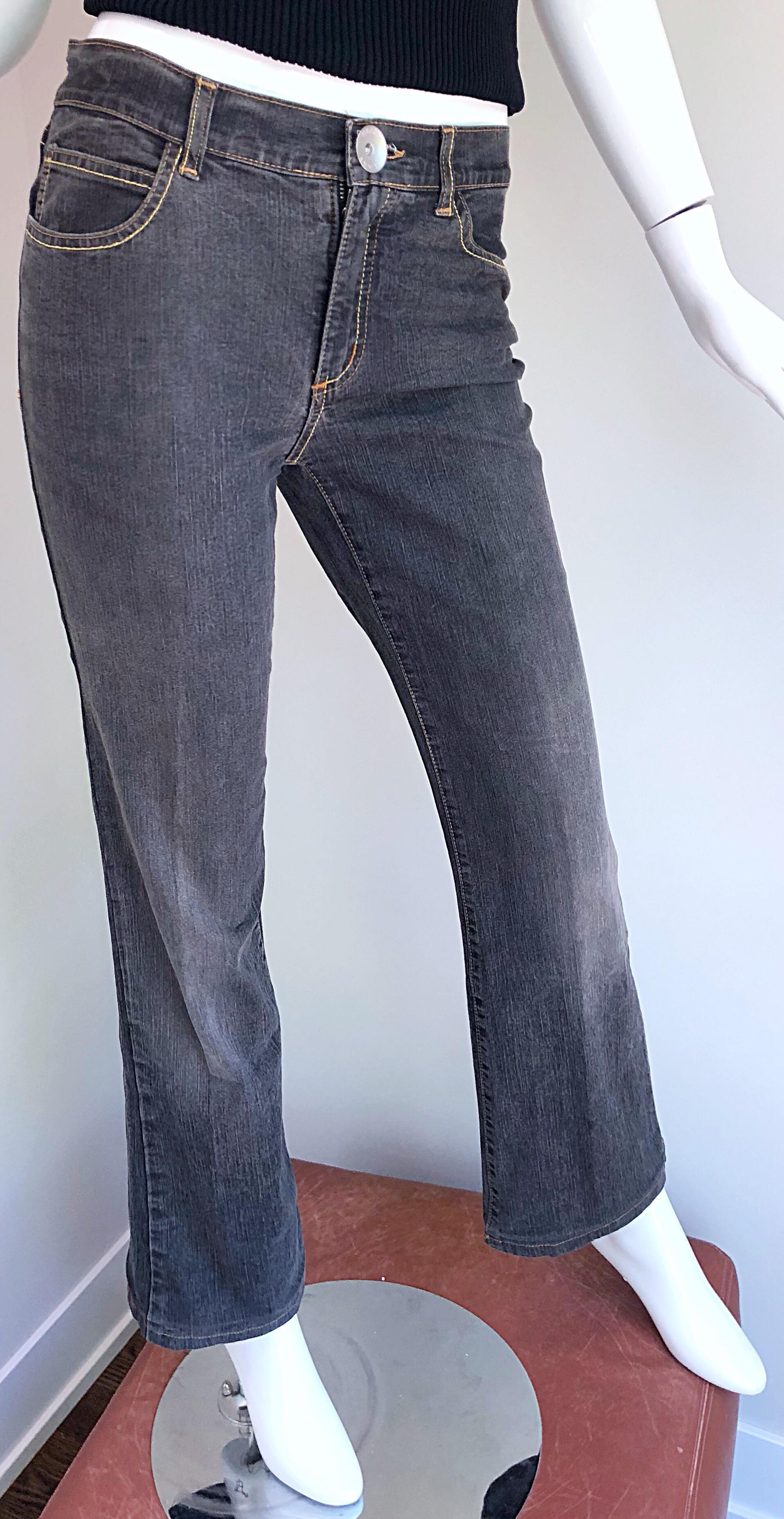 Vintage Krizia 1990s Rhinestone Encrusted Low Rise 90s Grey Boot Cut Blue Jeans For Sale 1