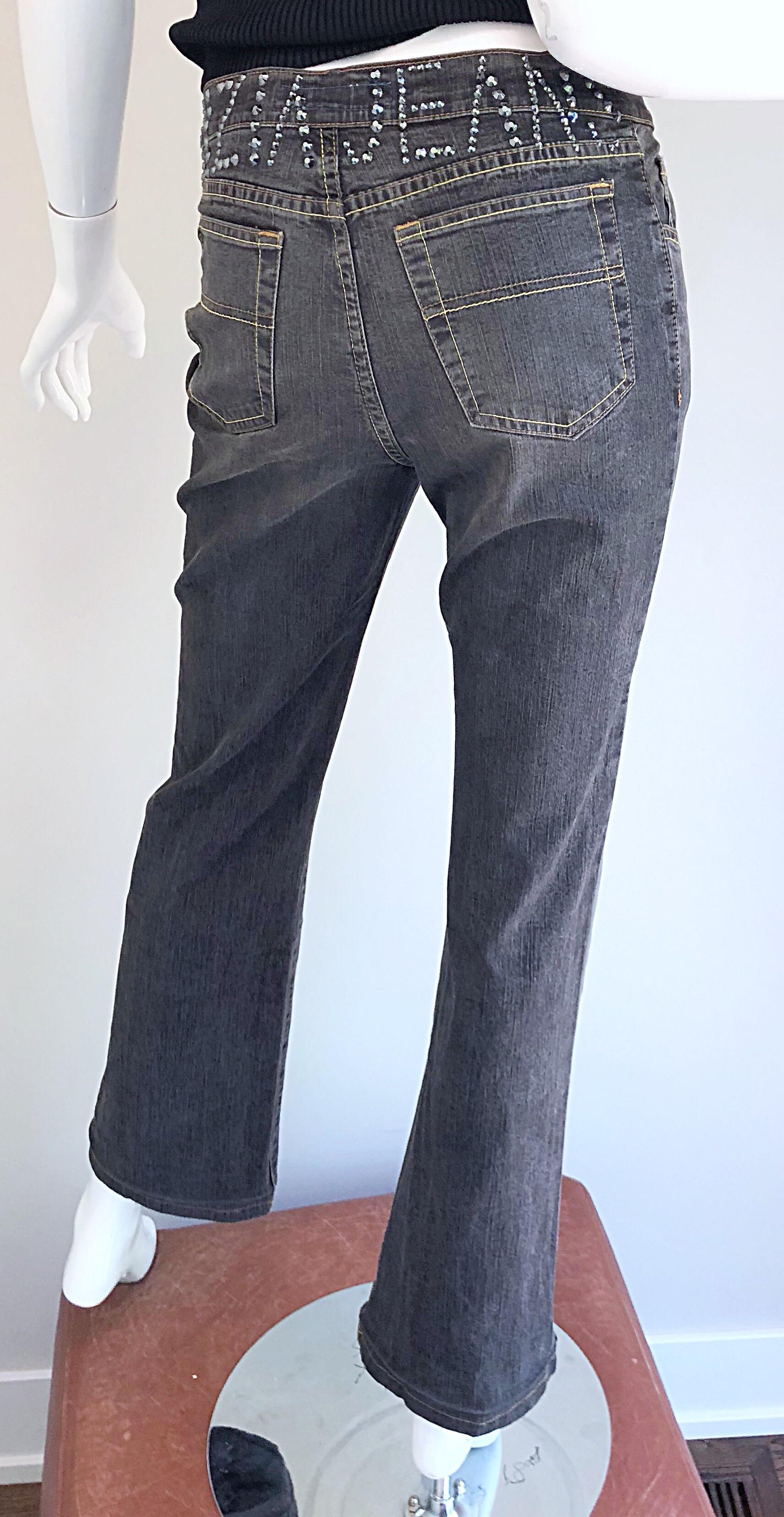Vintage Krizia 1990s Rhinestone Encrusted Low Rise 90s Grey Boot Cut Blue Jeans For Sale 3