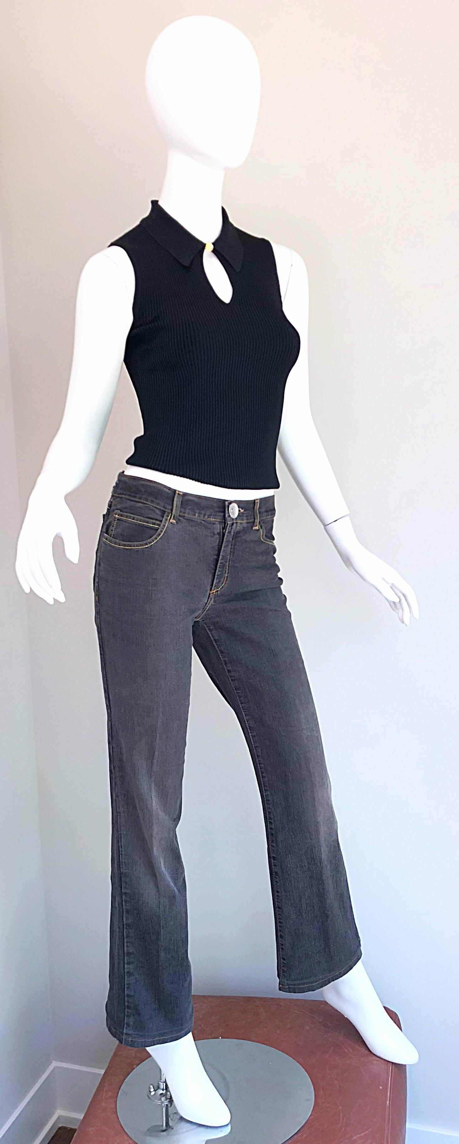 Vintage Krizia 1990s Rhinestone Encrusted Low Rise 90s Grey Boot Cut Blue Jeans For Sale 4