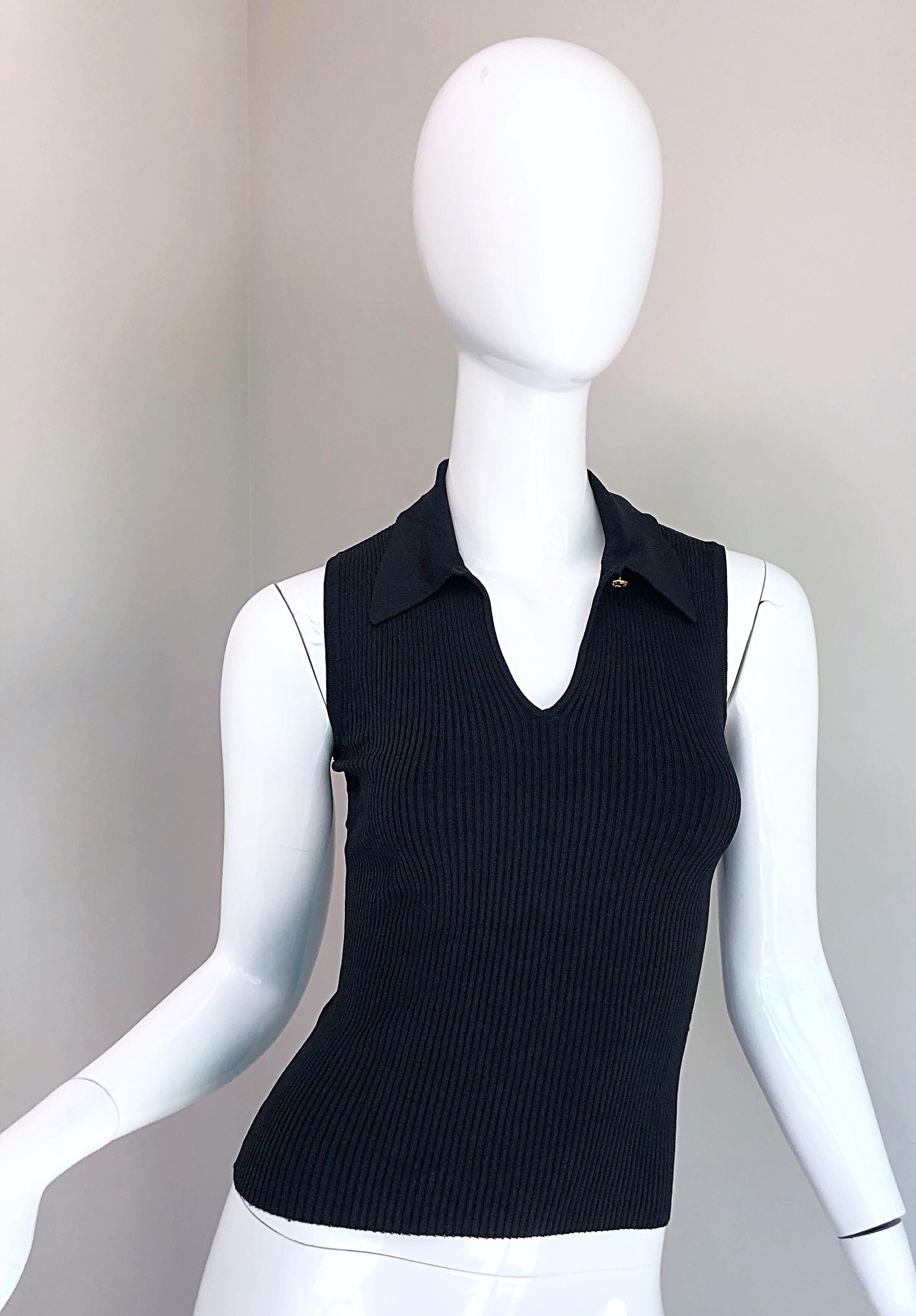 1990s Hermes Black Stretch Ribbed Keyhole Vintage 90s Sleeveless Top 5