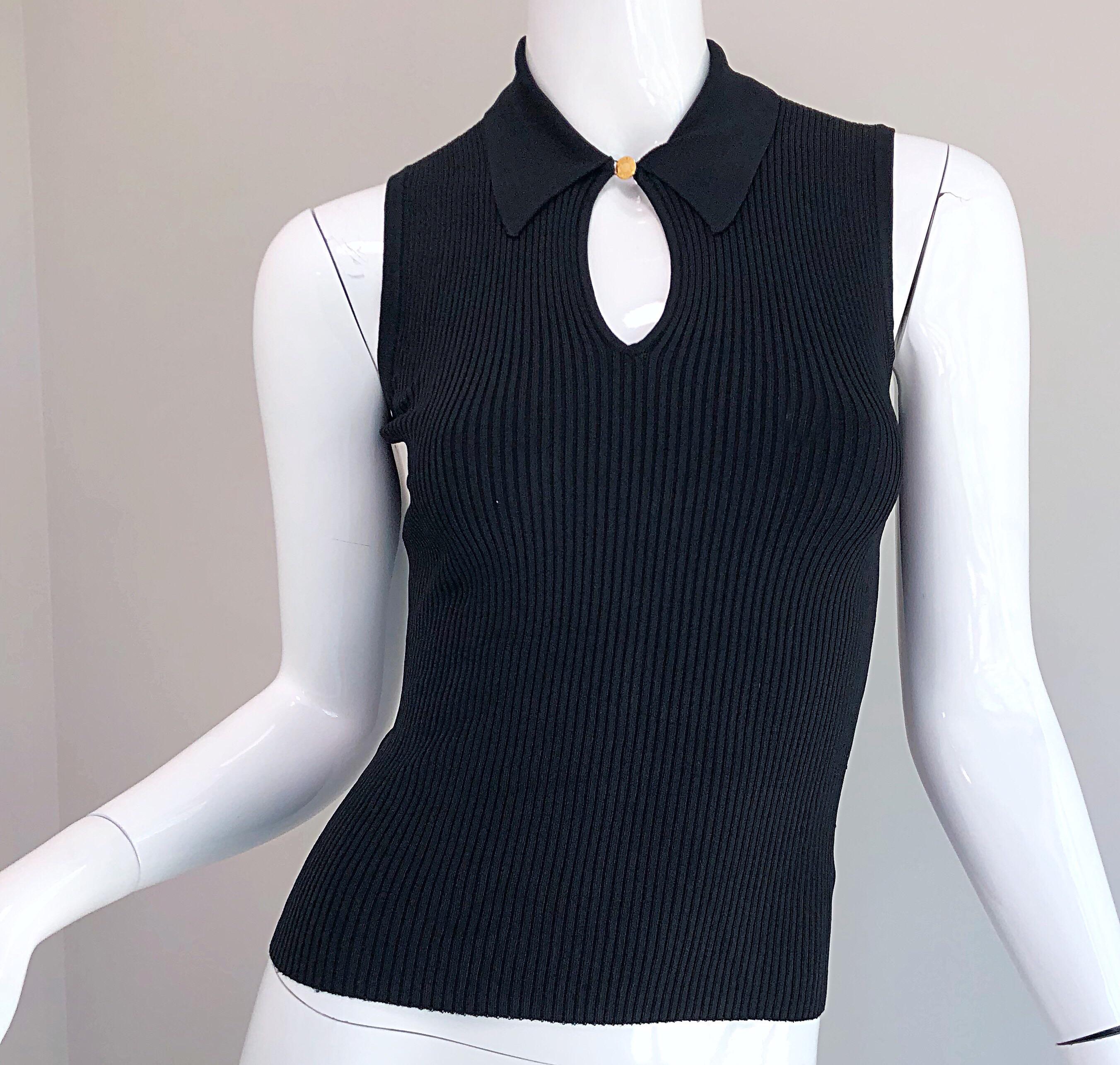 1990s Hermes Black Stretch Ribbed Keyhole Vintage 90s Sleeveless Top 7