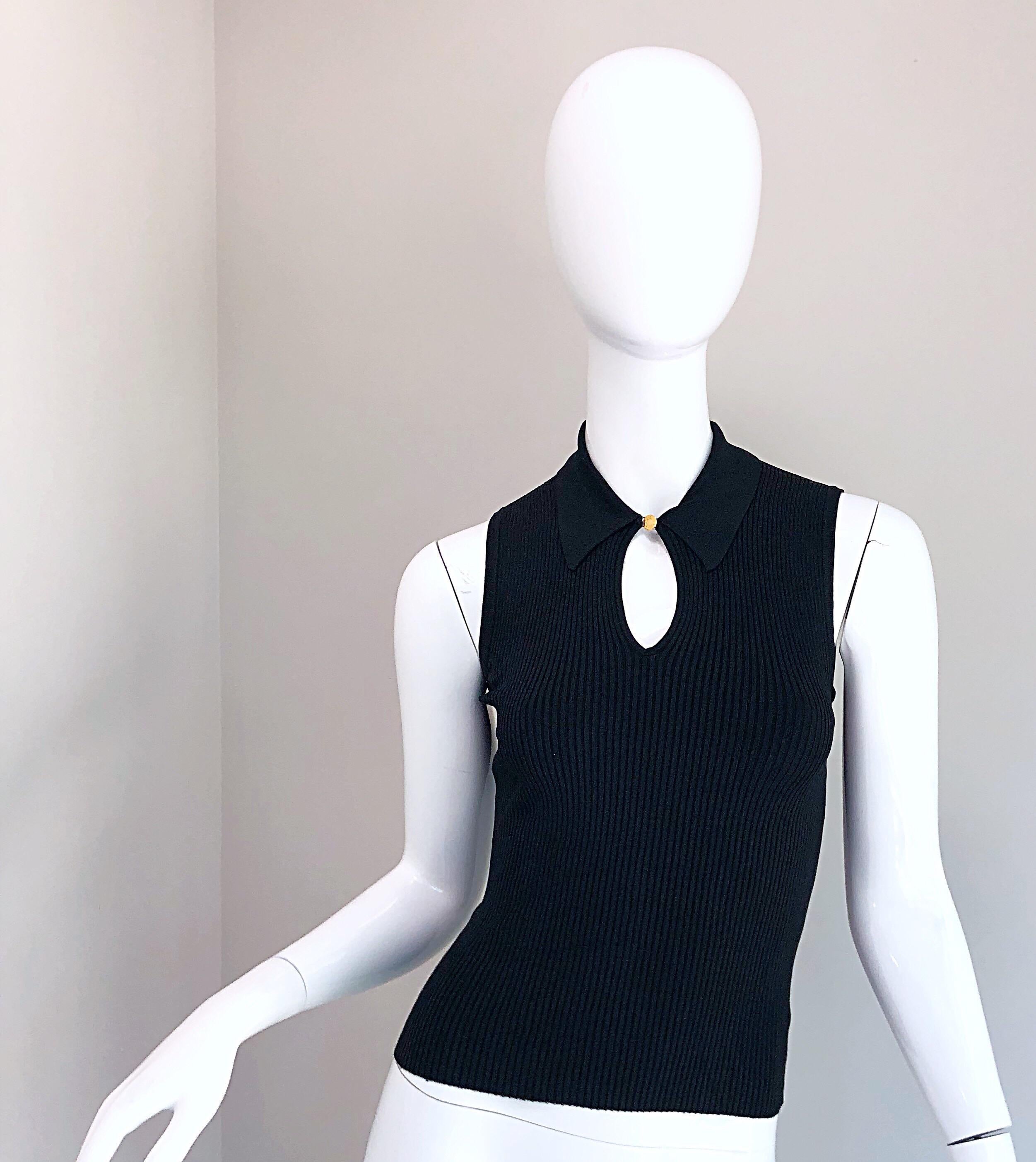 1990s Hermes Black Stretch Ribbed Keyhole Vintage 90s Sleeveless Top 12